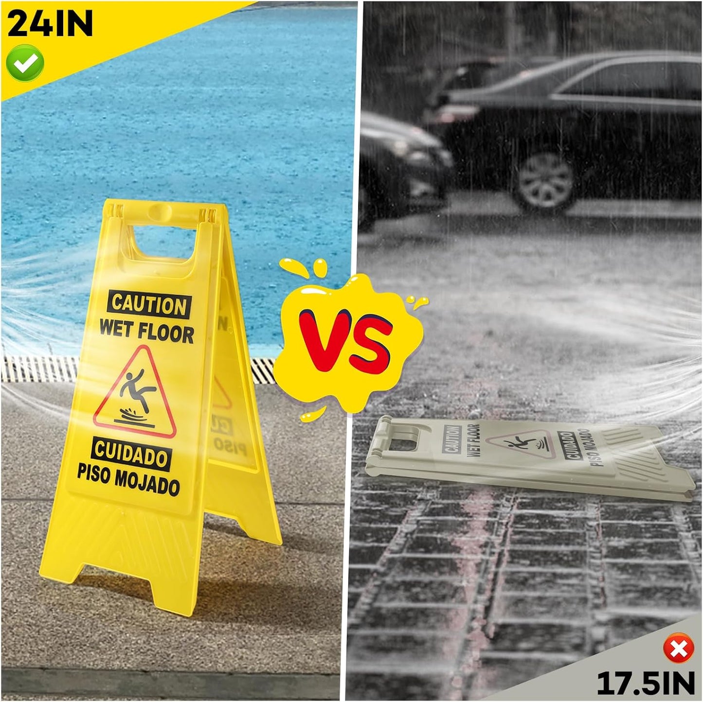 XPCARE 24 Inches Caution Wet Floor Sign, 3PCAK Yellow Bilingual Double-Sided Safety Warning Signs,A Frame Safety Wet Floor Signs Commercial