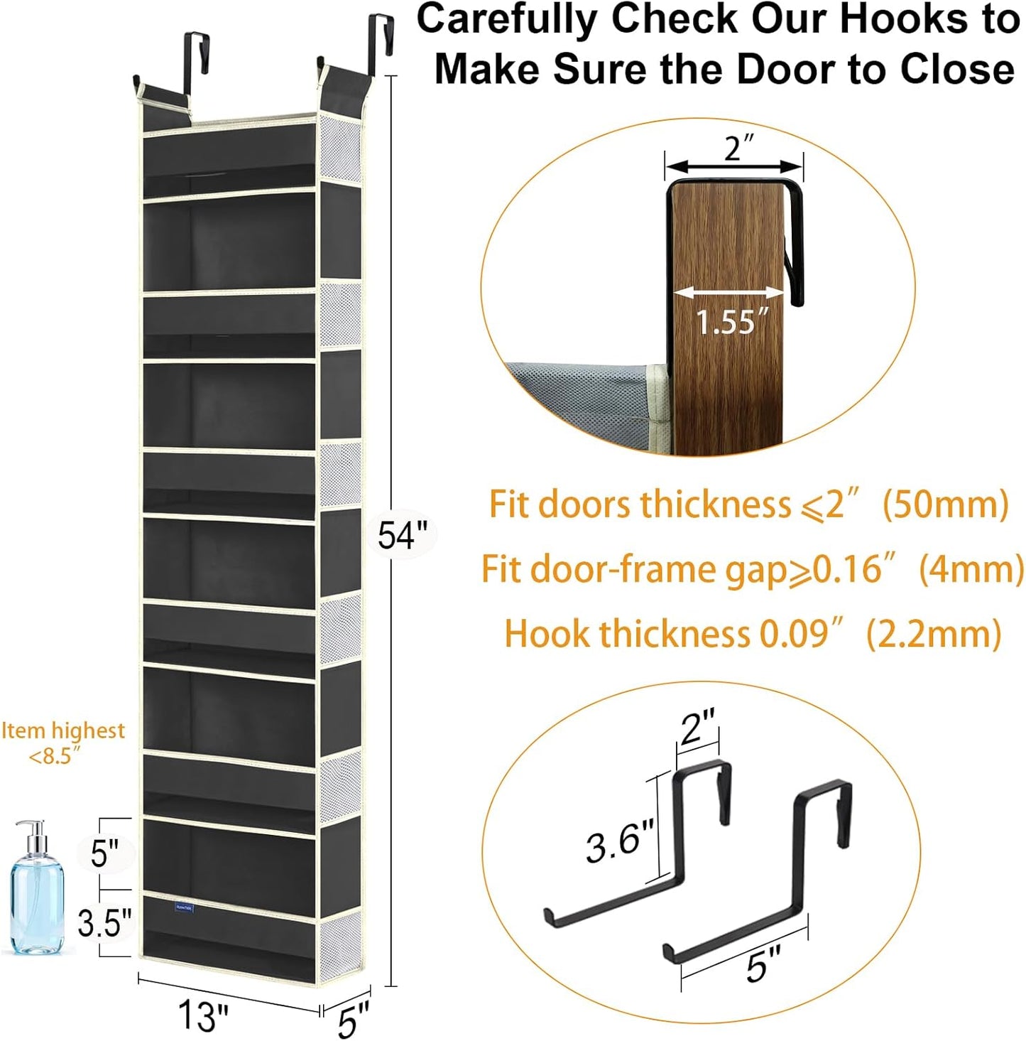 Over The Door Hanging Organizer 6-Shelves and 12 Side Pockets, Over The Door Storage Organizer, Back of Door Organizers for Baby Accessories and Children's Toys (13"x5"x54", Black)