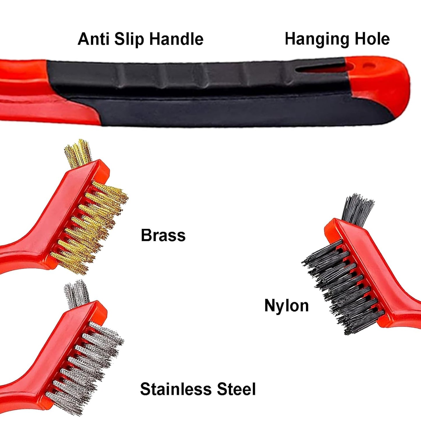 3Pcs Mini Wire Brush Set, Stainless Steel/Brass/Nylon Bristles Wire Brushes, Curved Handle Soft Grip for Rust, Dirt & Paint Scrubbing with Deep Cleaning – 7 Inches (Red)