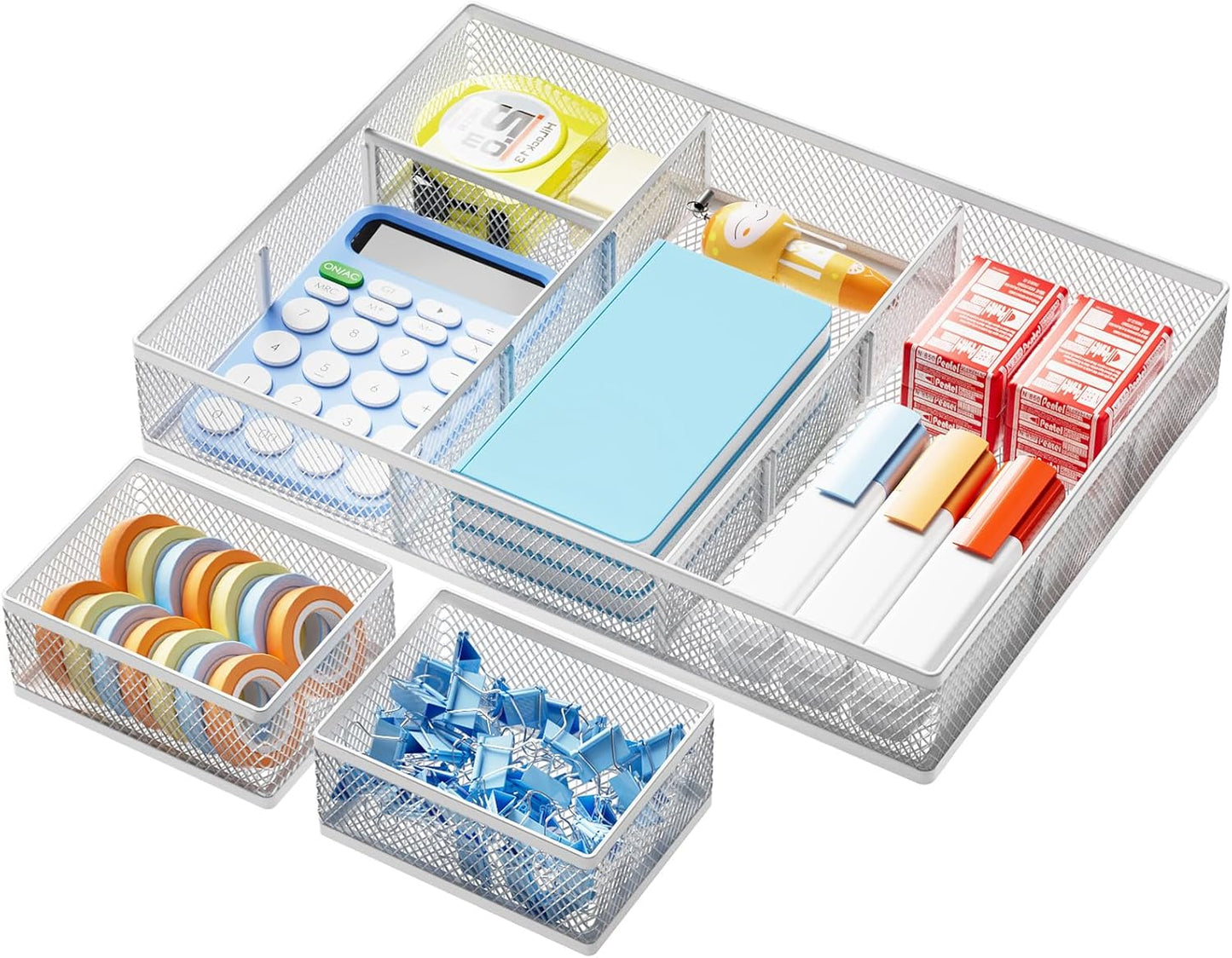 Marbrasse 3 Packs White Desk Drawer Organizers,Drawer Organizer Tray with 9 Adjustable Compartments,Junk Drawer for Makeup & Vanity, Office Desk Supplies and Accessories（White）