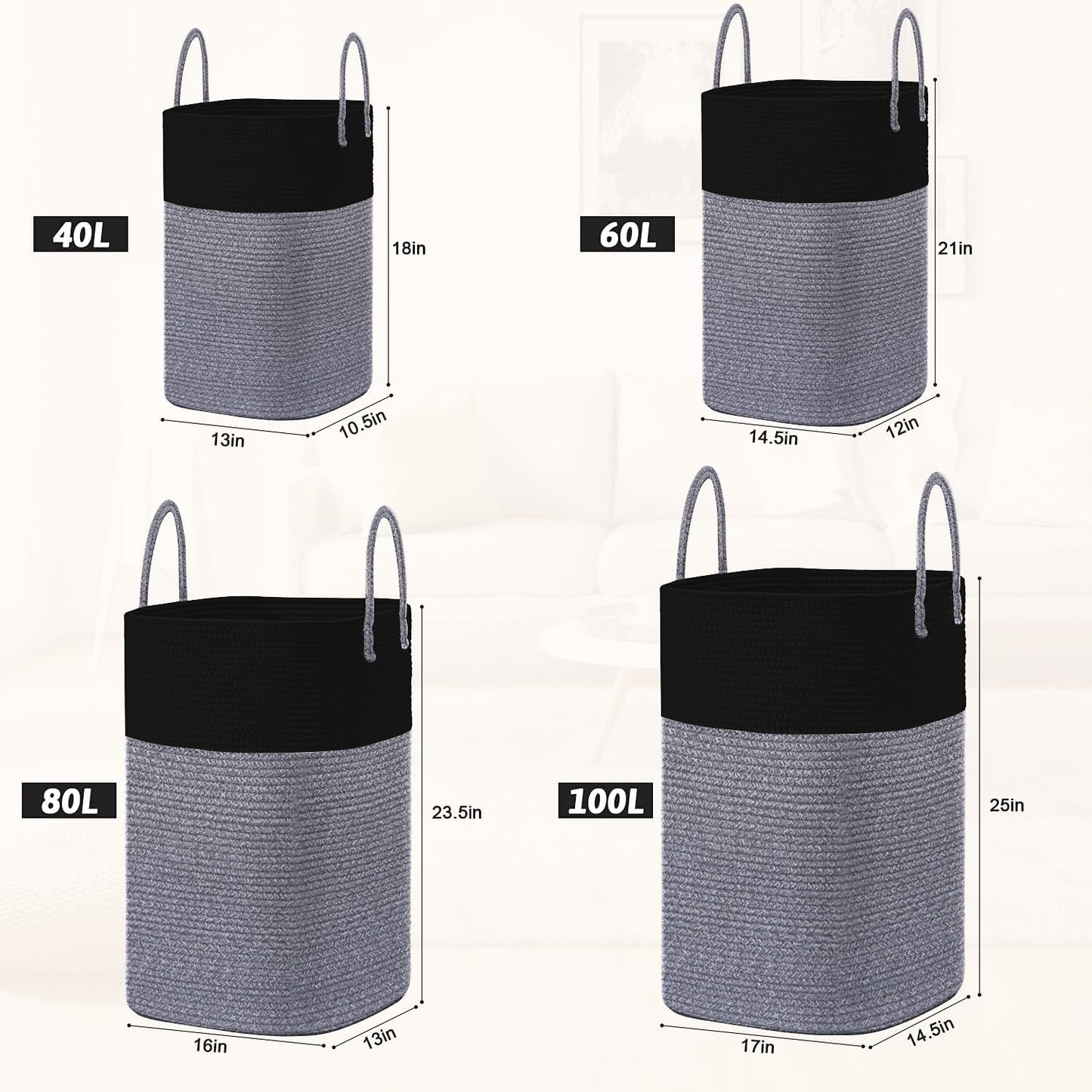 Laundry Basket,Woven Cotton Rope Laundry Hamper,Versatile Storage for Dirty Clothes,Baby Toys,and Blankets in Bathroom, Nursery,and Living Room (Black, 100L)