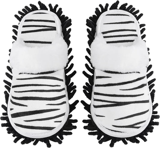 Microfiber Floor Mop Slippers House Dust Cleaning Tool Detachable Washable Shoes for Kitchen House Cleaning (Women 7-10/Men 5-8, Zebra pattern)