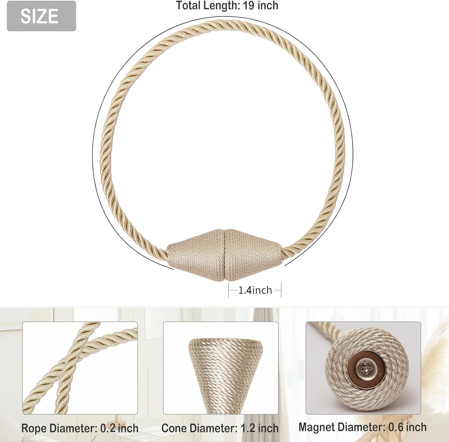 Magnetic Curtain Tiebacks 6 Pack Outdoor Rope Curtain Tie Backs Decorative Window Treatment Holdbacks for Home Decorative Curtain, Beige