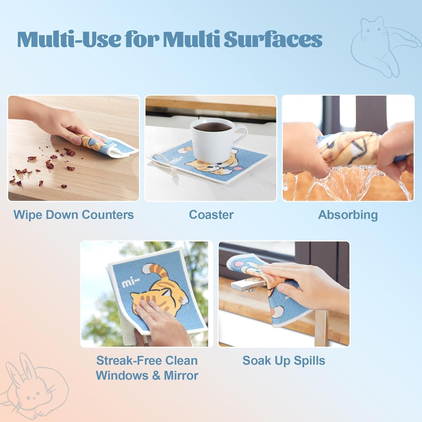 JOYMOOP Cartoon Cellulose Cleaning Cloth, Reusable Absorbent Dish Towels, Non-Scratch Washable Rags for Cookware, Kitchen and Household Cleaning - 6pcs, 6.7×7.9inch