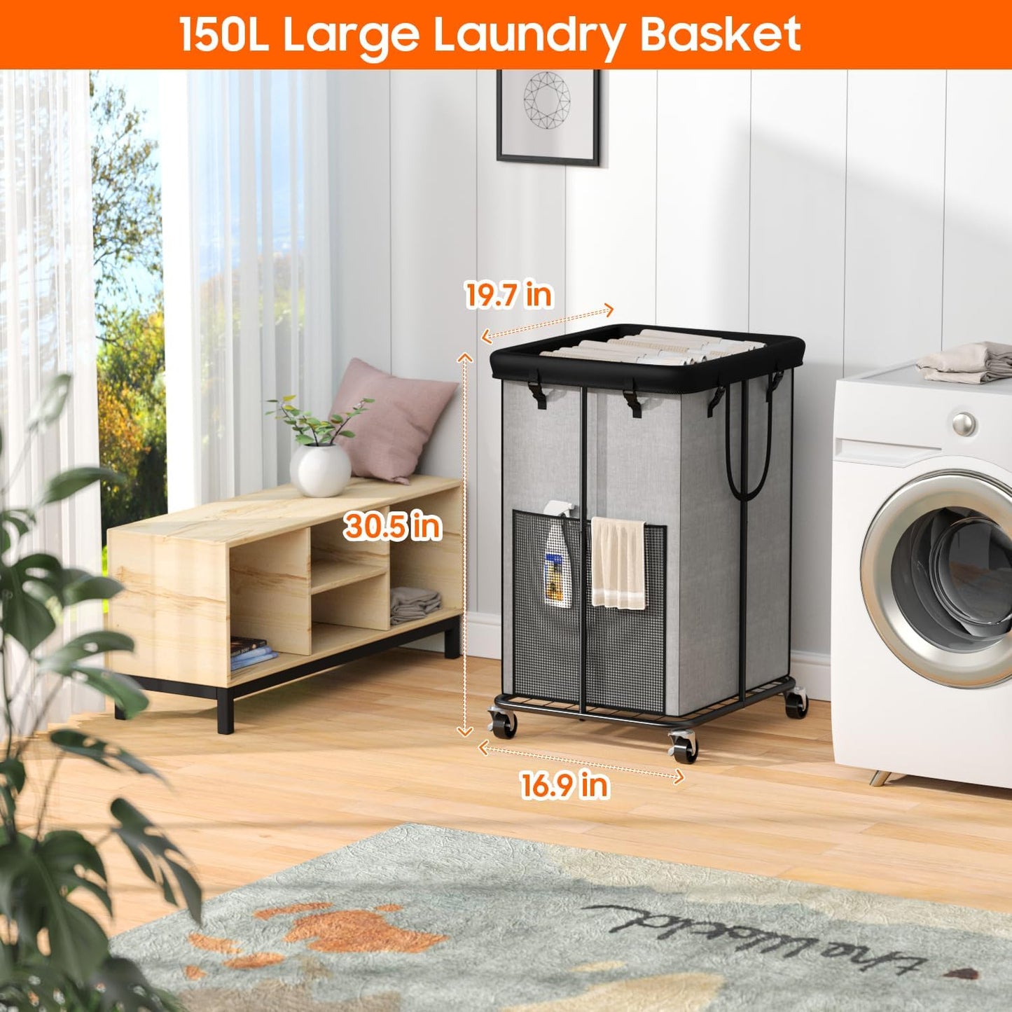 150L Laundry Hamper with Wheels, Rolling Laundry Basket with Metal Frame and Removable Bag, Large & Tall Dirty Clothes Hampers for Bedroom Aesthetic, Laundry Room, Bathroom, Dorm-Grey