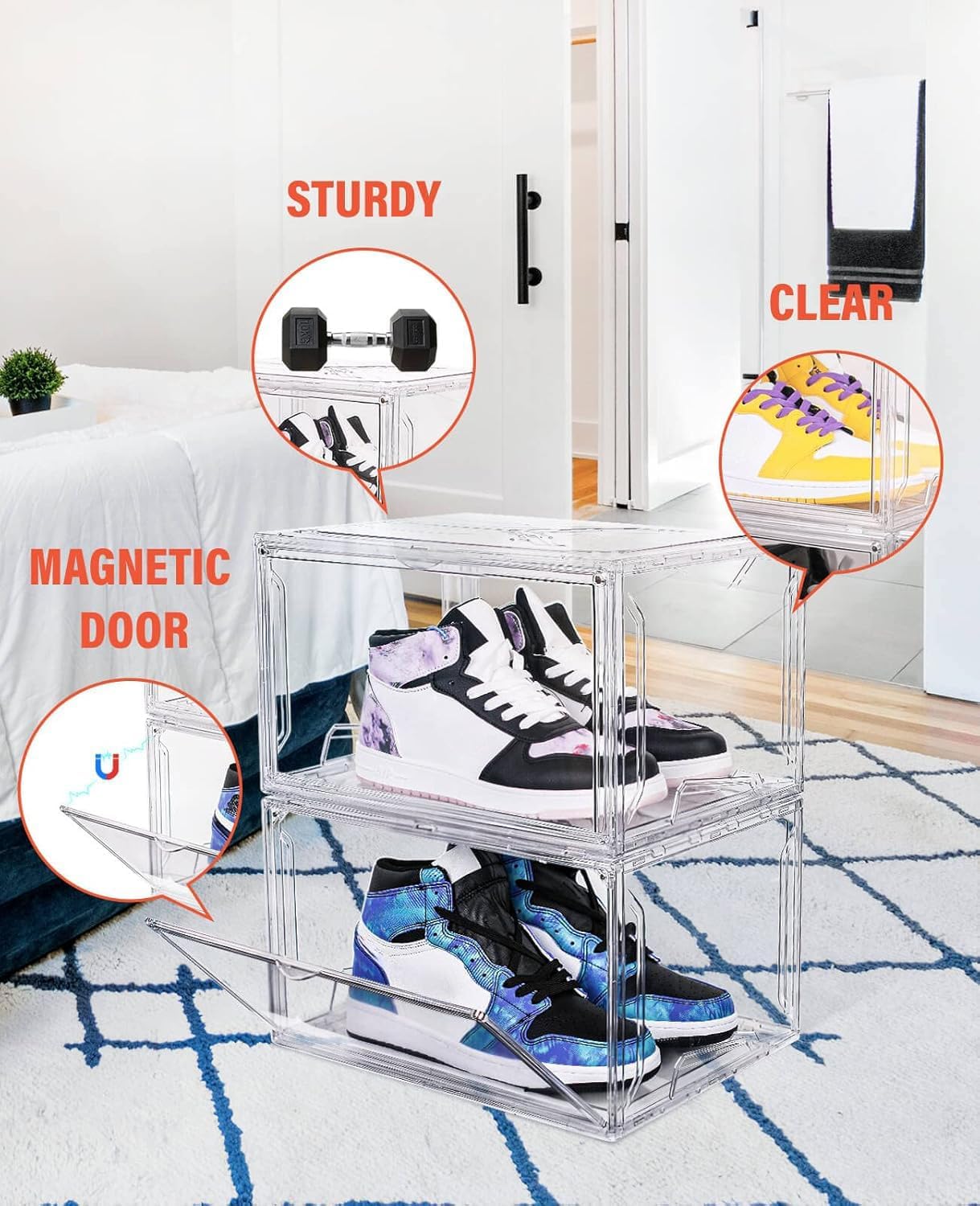 KDOR Shoe Box for sneakers，Closet,hat Clear Plastic Stackable 10 Pack Sneaker Storage Boxes with Magnetic Door, Acrylic Display Case, Strong and Sturdy Fit Shoe Size Up to US 15