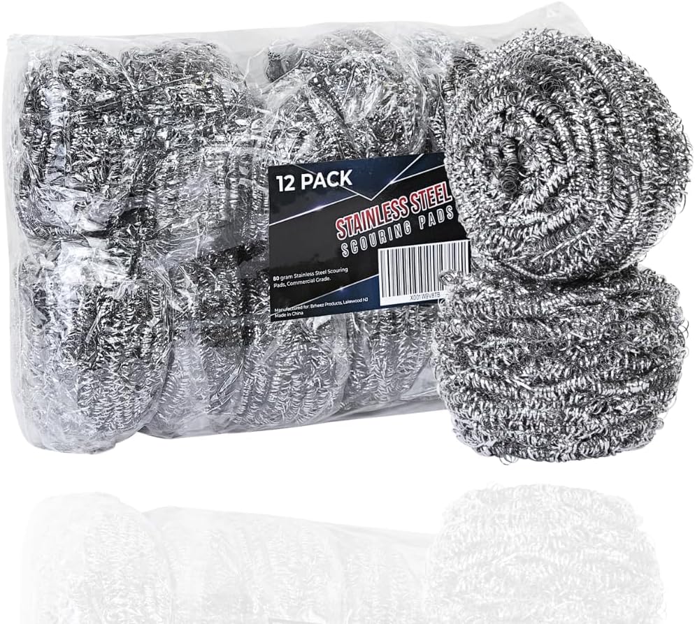 Brheez Stainless Steel Cleaner Scouring Pads [12 Pack] - Industrial & Commercial Strength Large Cleaning Supplies Dish Sponge - Individually Wrapped 80 Gram