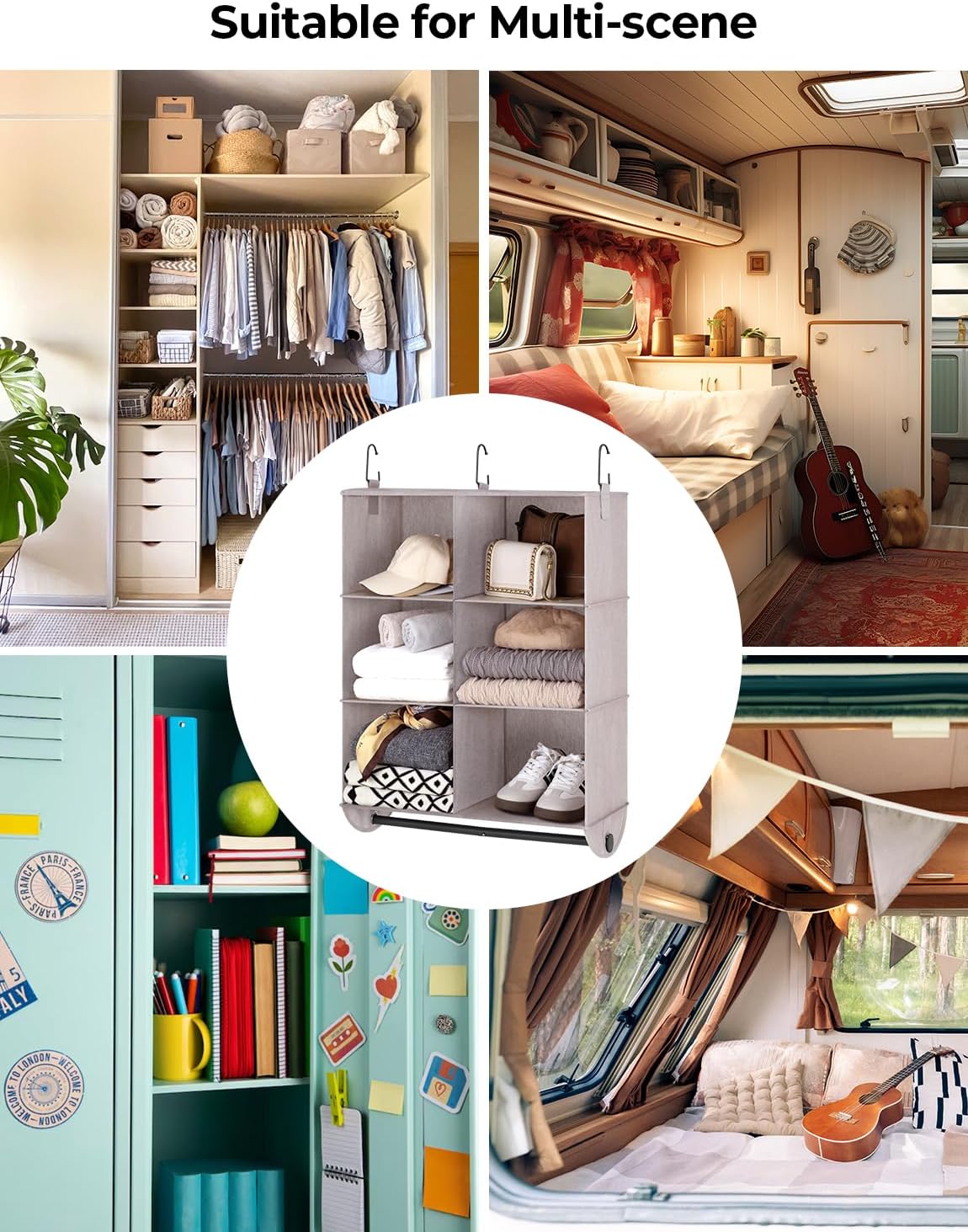 StorageWorks Hanging Closet Organizer with Metal Rod, 6-Section Closet Organizers and Storage, Collapsible Hanging Shelves for Wardrobe Organizer, Nursery, Bedroom, Light Khaki