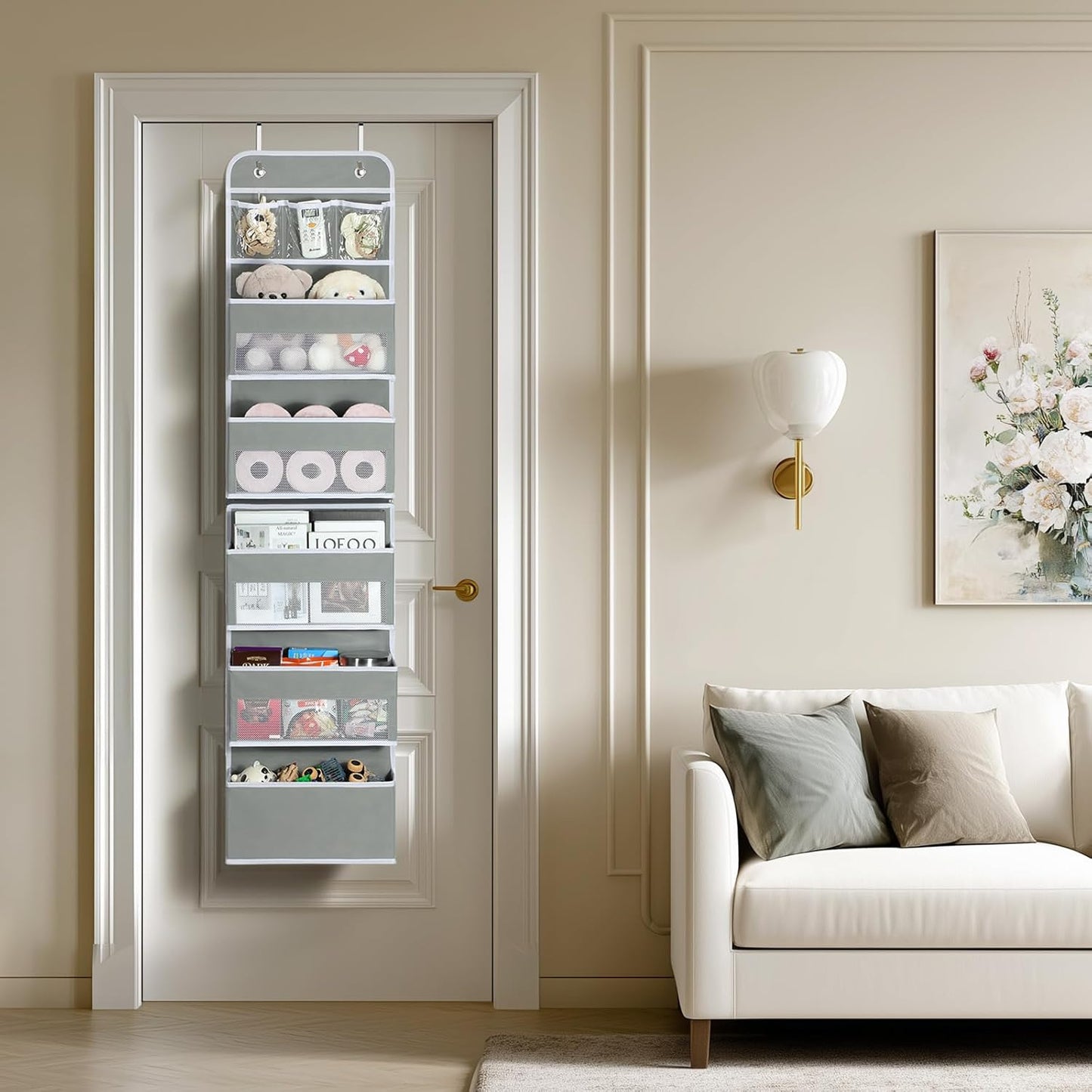 LAMU 6-Tier Over The Door Organizer, Swing - Proof Closet Door Organizer, Flexible 1 Split into 2 Over The Door Storage Organizer for Nursery, Bathroom, Bedroom, Grey, 5 x 14 x 61in