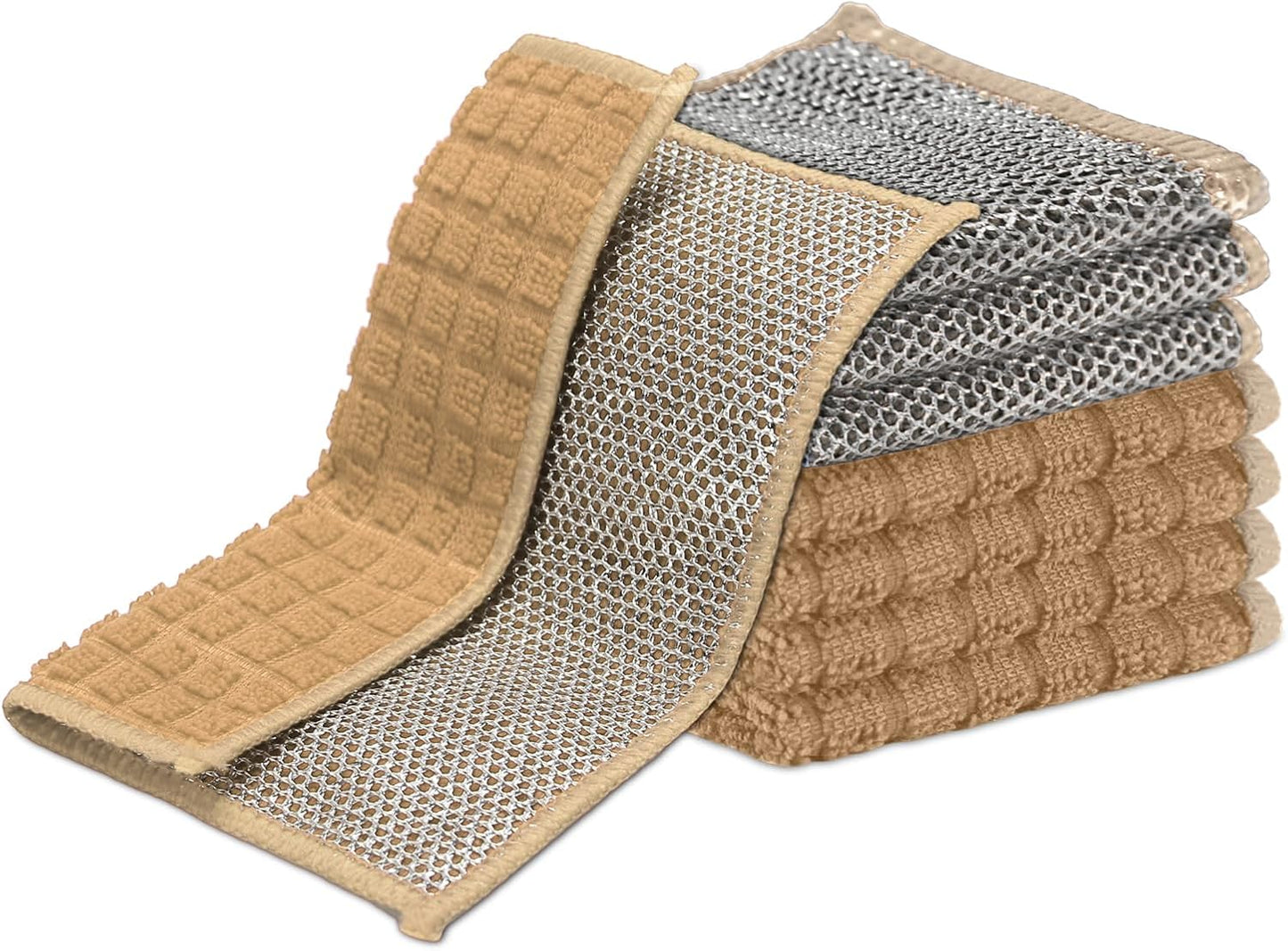 Dish Rags for Washing Dishes 8 Pack Multipurpose Wire Miracle Cleaning Coths Non-Scratch Wire Dishwashing Rag Lint Free Microfiber Cleaning Cloth for Kitchen Windows (Khaki)