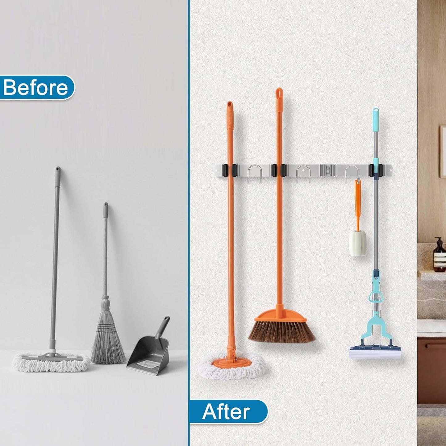 Mop Broom Holder Wall Mount, 2 Packs Silver Stainless Steel Tool Storage Organizer for Kitchen Garden Garage Laundry Room Bathroom and RV with 4 Slots 6 Hooks