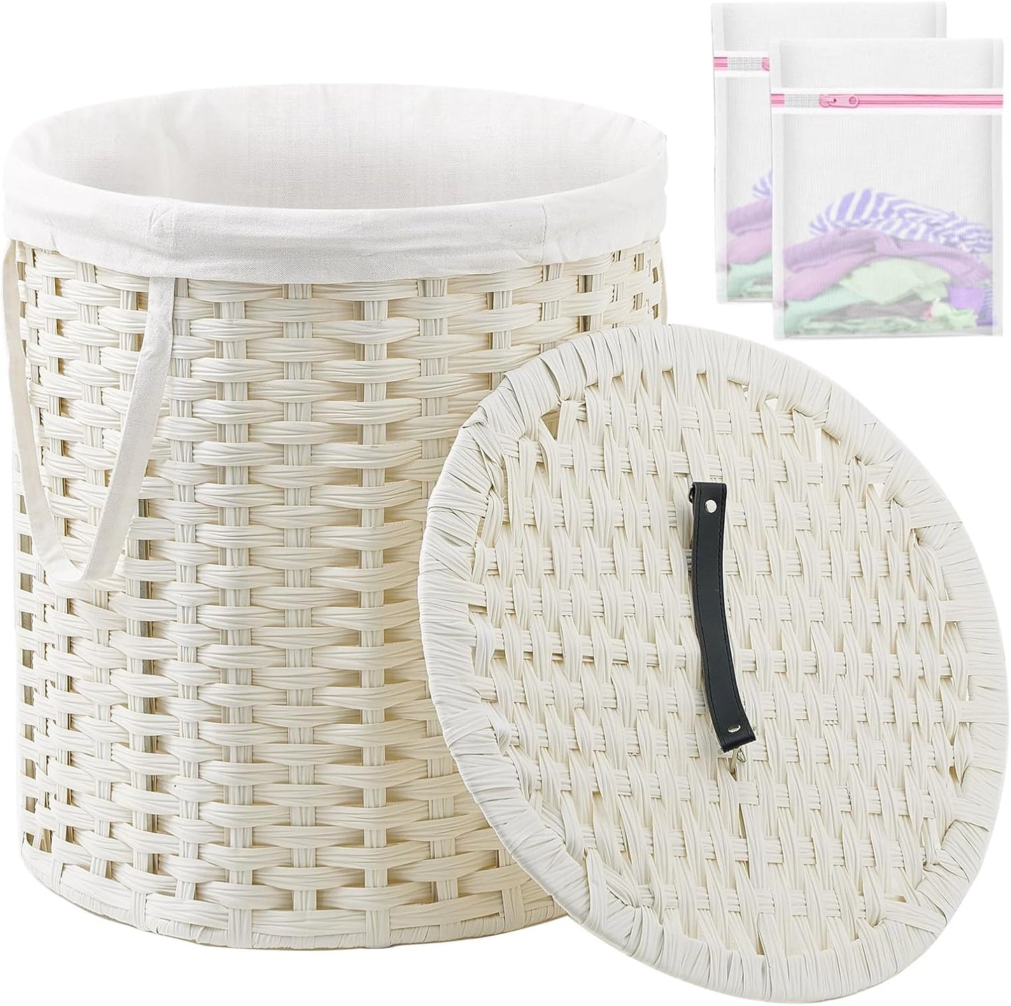 Laundry Hamper with Lid Wicker Laundry Hamper Round 26.5 Gal (100 L) Laundry Basket Handwoven Rattan Laundry Basket with Removable Bag Handles 2 Mesh Bags for Living Room Bedroom White