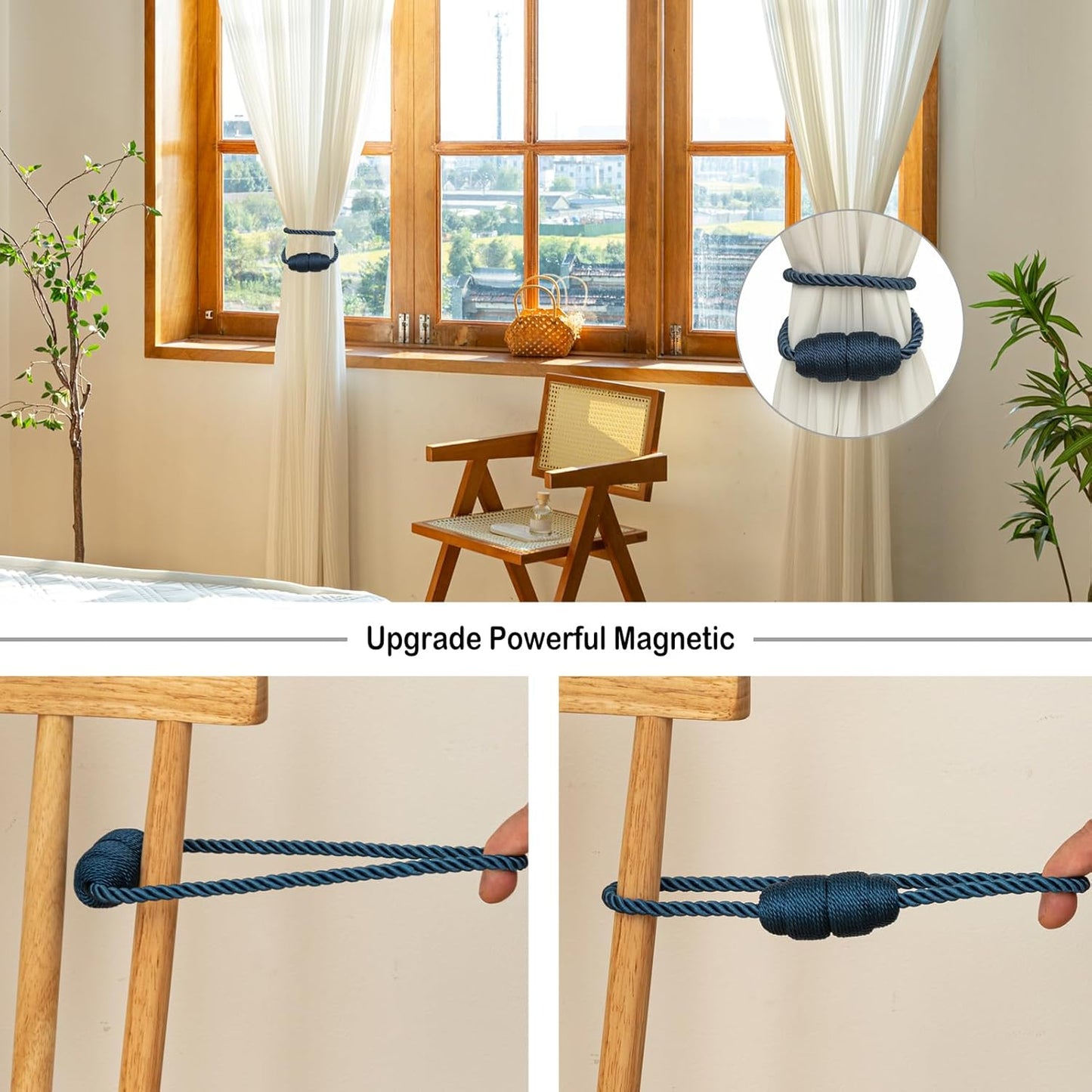 Magnetic Curtain Tiebacks - Rope Tiebacks for Curtains & Drapes, Decorative Window Holdbacks (2 Pack, Blue)