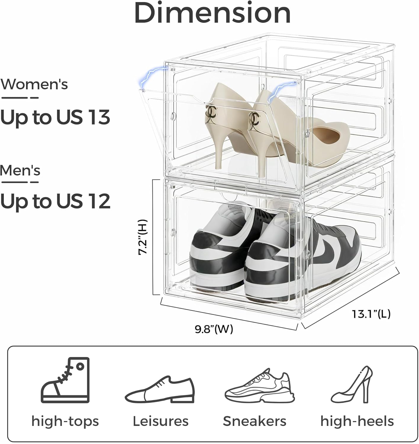 Pinkpum Upgraded Hard Shoe Storage Box 12 Pack X-Large Fit Size 12, Thicken & Sturdy Clear Plastic Stackable Shoe Organizer Box Closet, Sneaker Storage Display Case Holder Bins with Magnetic Door