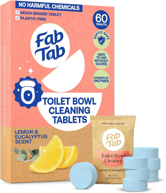 Fab Tab Bowl Cleaning Tablets - Drop-In Formula Removes Rust & Lime Buildup, Lemon Eucalyptus Scent, Septic System Compatible, Individually Wrapped