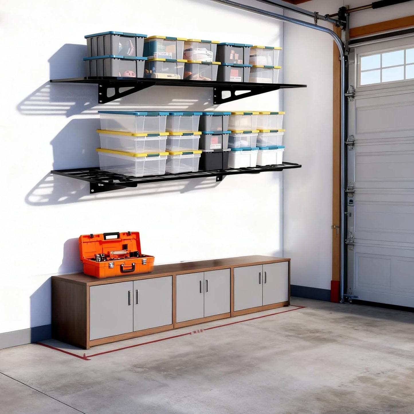 2-Pack 2x4ft Garage Wall Shelves, 2 Shelf Total 8 ft(L) Garage Shelving Wall Mounted – Heavy-Duty Storage Shelves, Perfect for Holding Storage Bins, Boxes, Sporting Goods, Tools, and More Space-Saving