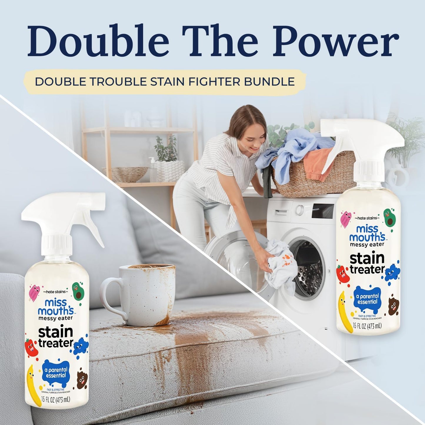 Miss Mouth’s Messy Eater Stain Treater Double Trouble Bundle - 2-Pack of 16oz Stain Remover - Newborn & Baby Essentials - No Dry Cleaning Food, Grease, Coffee Off Laundry, Underwear, Fabric