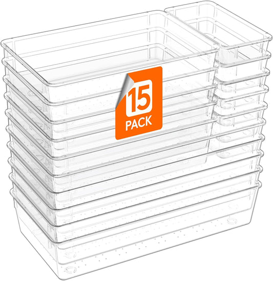 Lifewit 15 Pcs Large Bathroom Drawer Organizers, 3 Sizes Clear Plastic Storage Organizer Trays for Make Up, Kitchen Utensils, Vanity Accessories in Bathroom/Office/Dresser Organization
