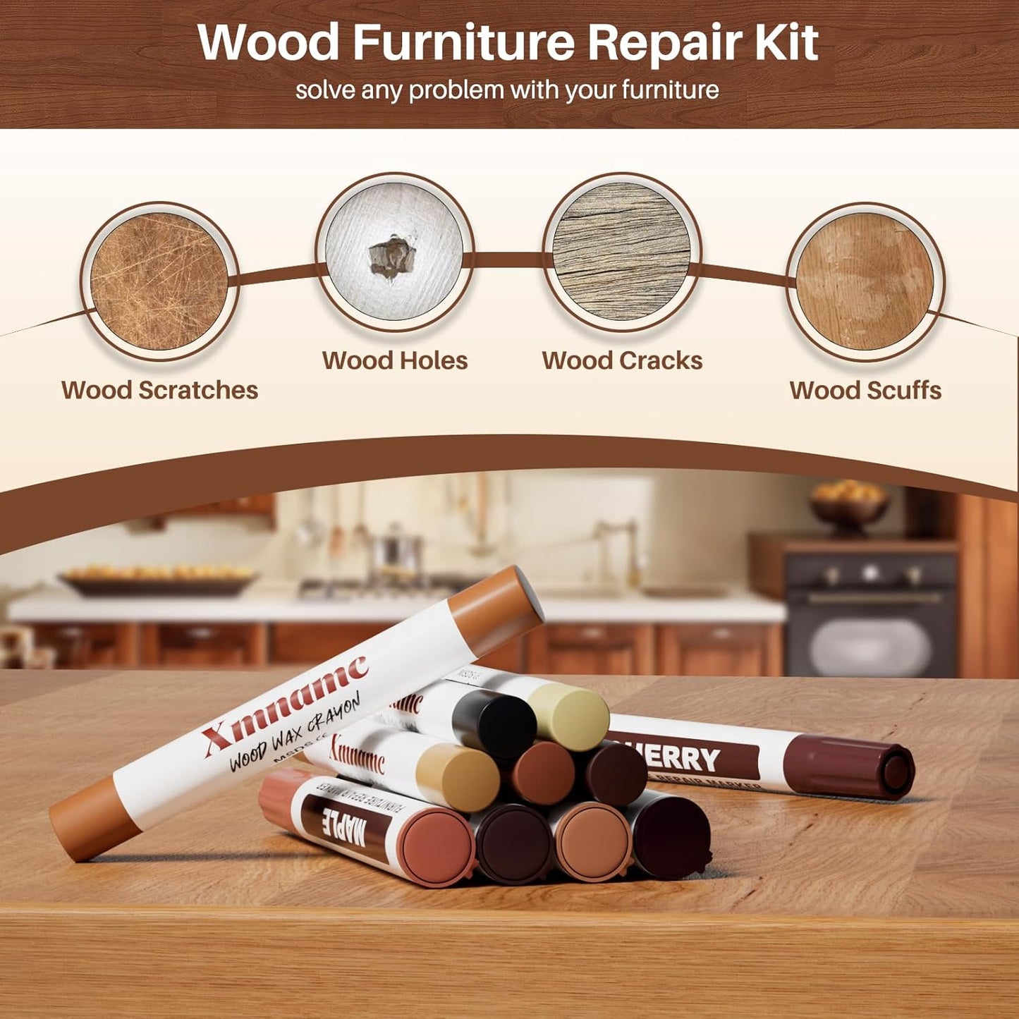 12 Colors Wood Filler Sticks Furniture Markers, Wood Floor Scratch Repair Kit for Repair Any Furniture Scratch, Scuffs, Cracks and Nail Holes on Wood Furniture, Floors, Doors, Cabinets, Tables