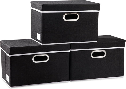 PRANDOM Foldable Storage Box with Lid [3-Pack] Fabric Collapsible Storage Bin Organizer Container Basket Cube with Cover for Home Bedroom Closet Office Nursery Black (14.9x9.8x9.8)