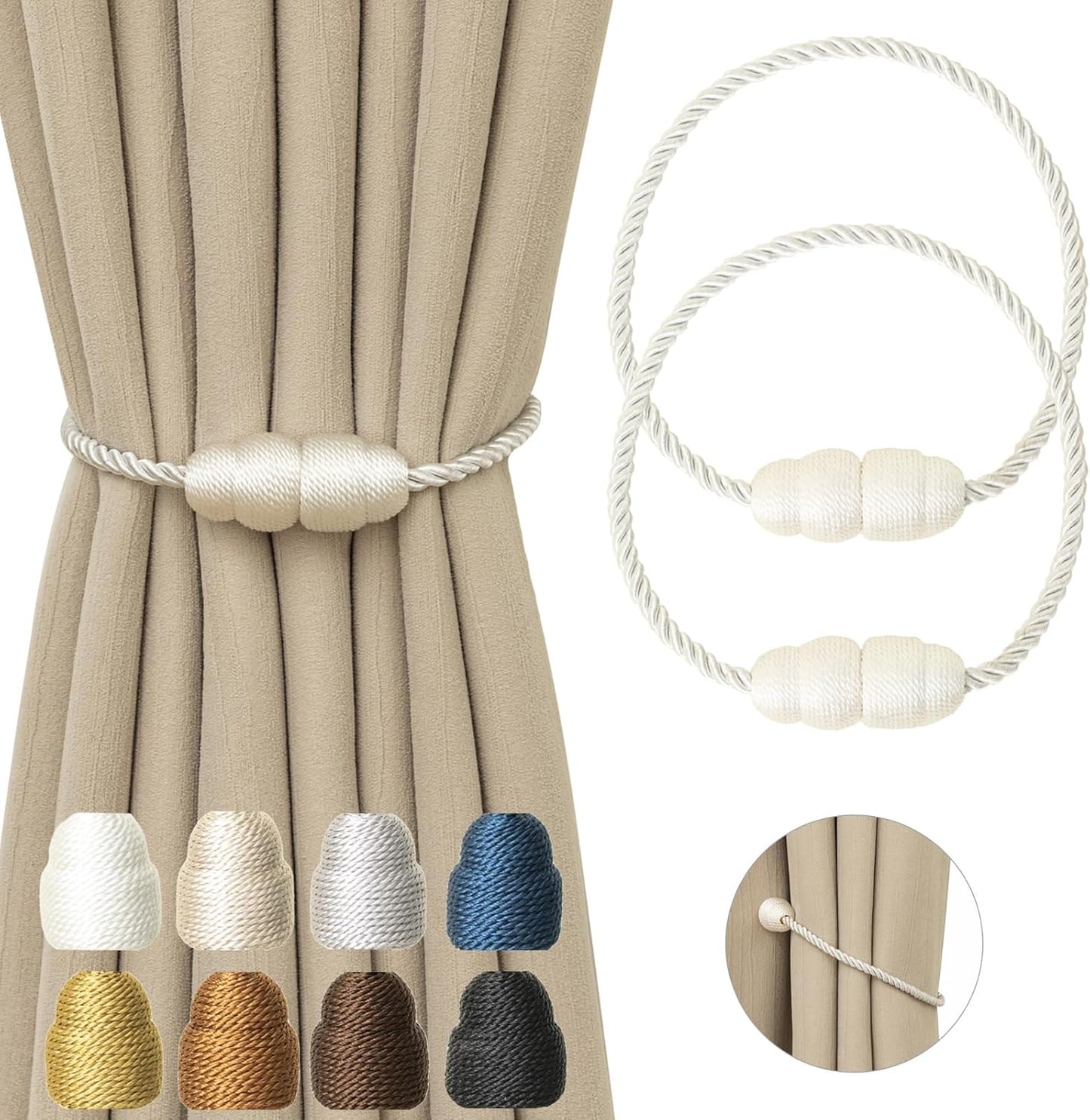 Magnetic Curtain Tiebacks Rope Tie Backs 2 Pack Curtains Holders for Drapes Decorative Window Holdbacks, White