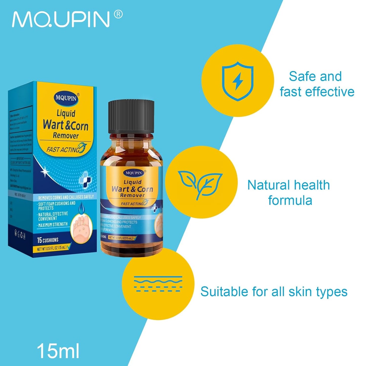 MQUPIN Liquid Corn Removers for Feet, Corn Remover for Toes-Fast Acting Liquid for Corn, Common and Plantar Removal-Safe Foot Care with Corn Cushions