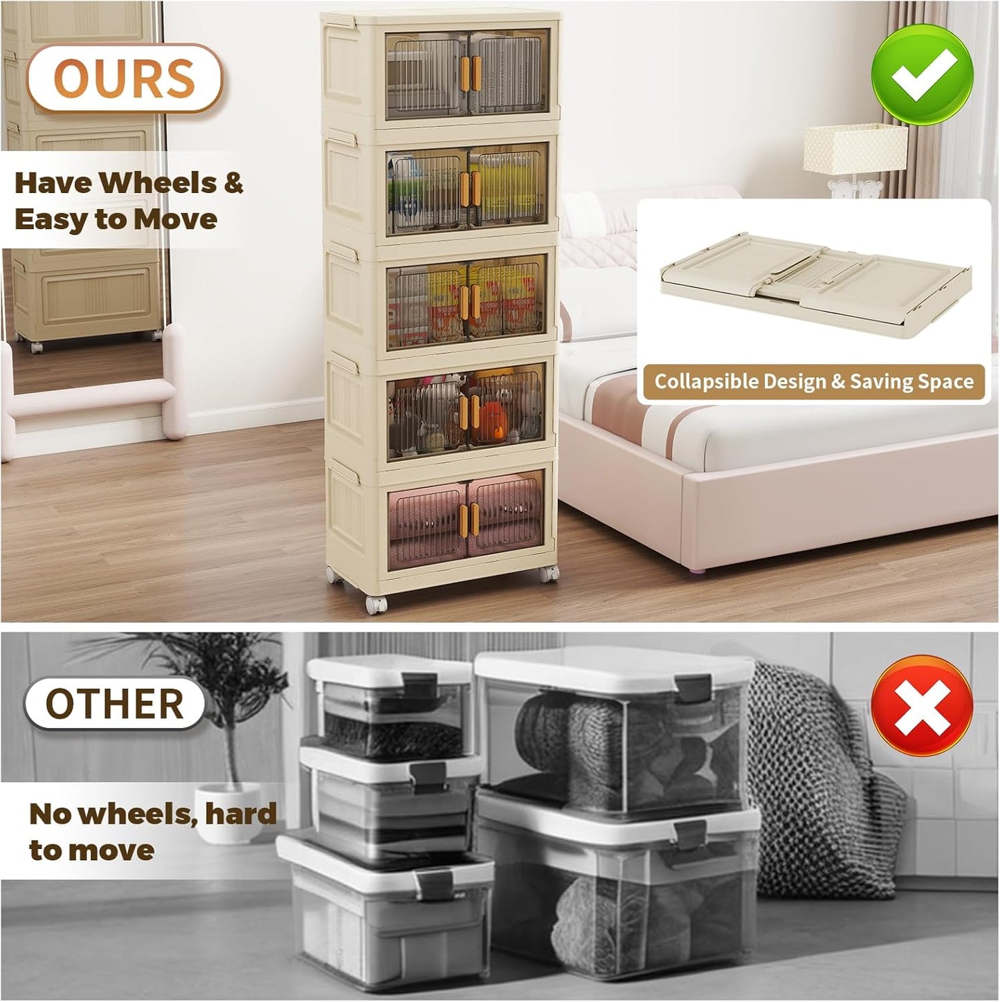 5 Tier Stackable Plastic Storage Bins with Lids 58QT, Collapsible Closet Organizers and Storage with Wheels for Living Room,Office,Dorm