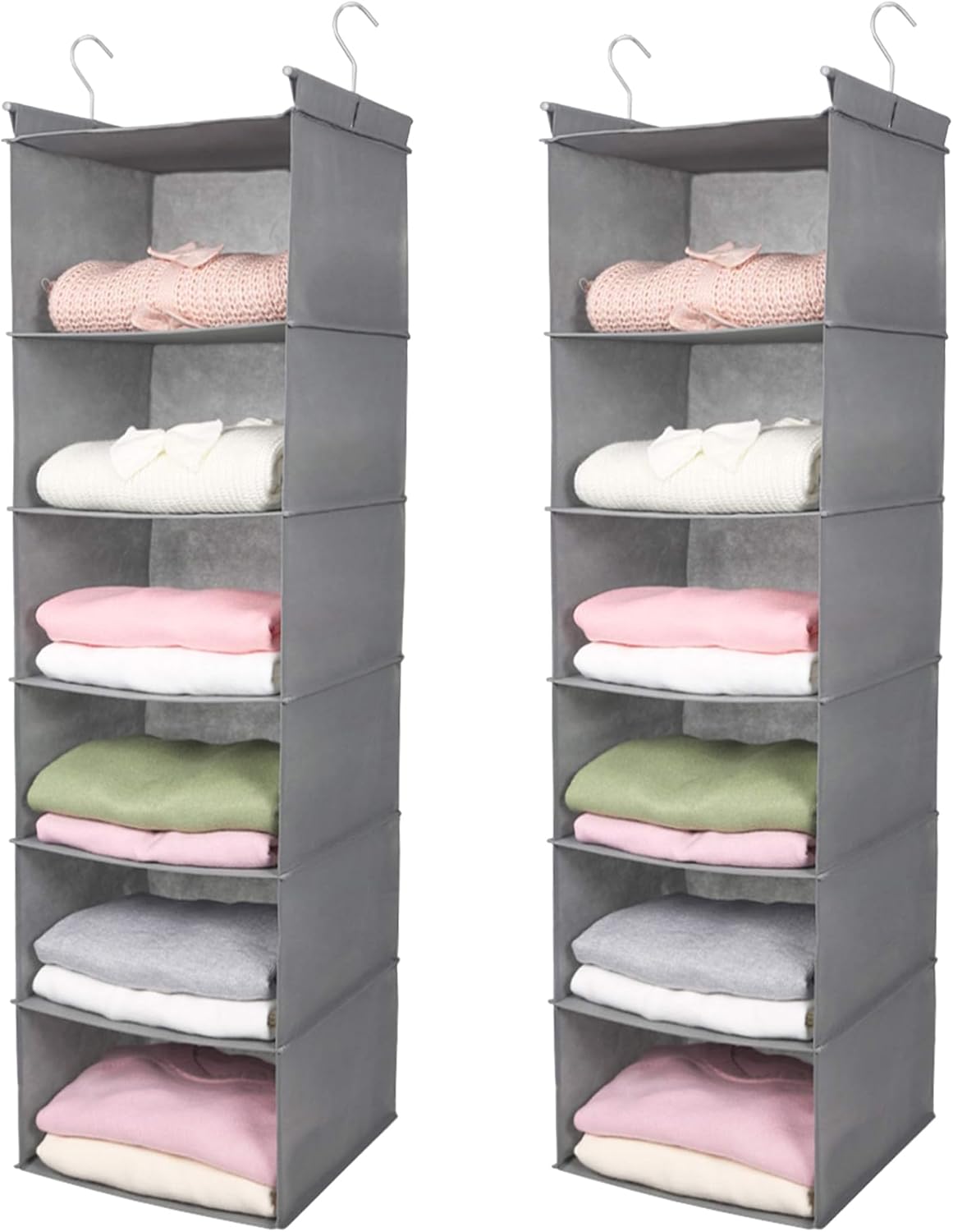 MAX Houser 6 Tier Shelf Hanging Closet Organizer, Closet Hanging Shelf with 2 Sturdy Hooks for Storage,2 Pack, Foldable (Light Grey)