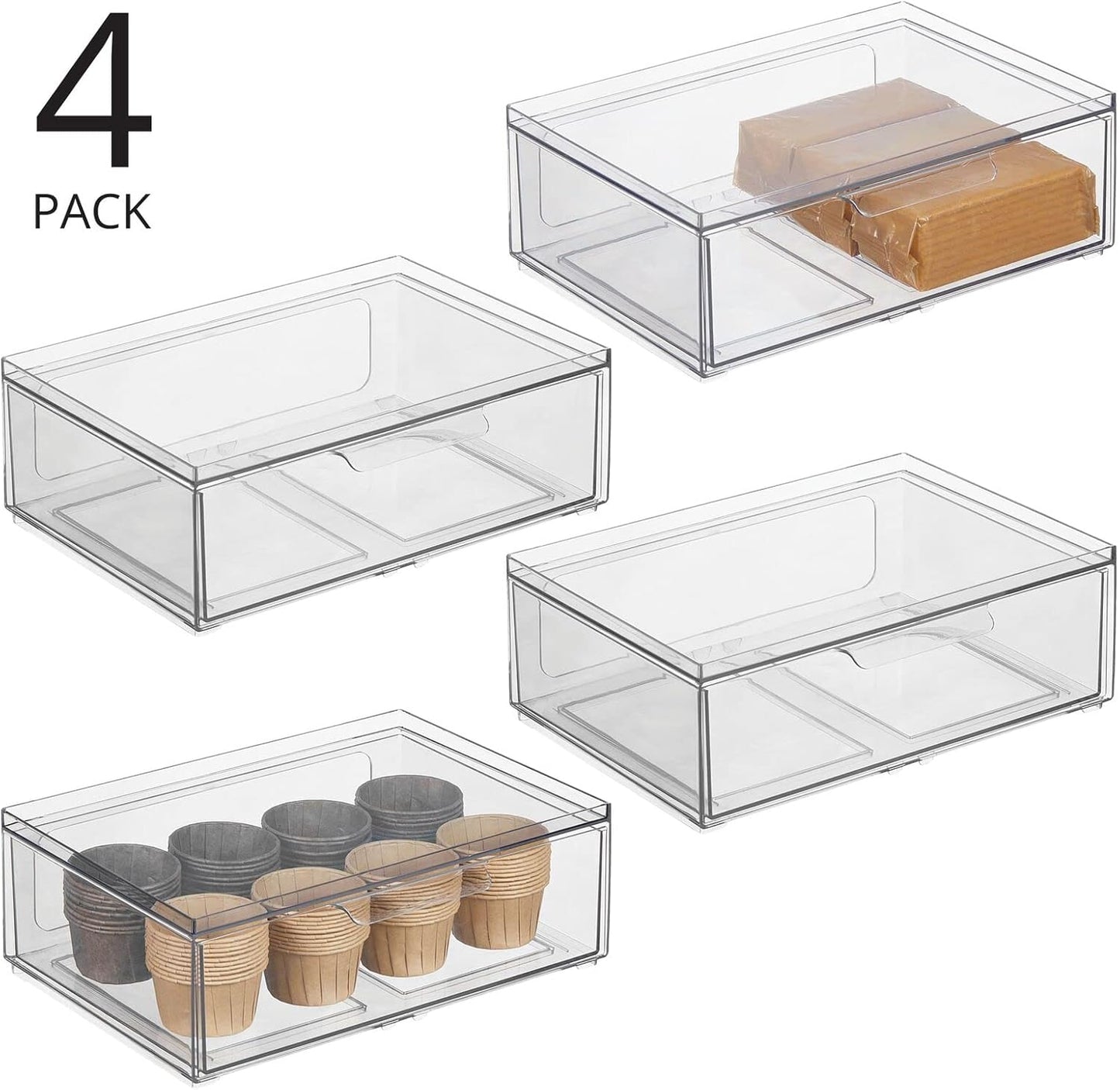 mDesign Plastic Wide Stackable Kitchen Storage Organizer Bin Containers with Front Pull Drawer for Cabinet, Pantry, Fridge, Freezer, Shelf, Refrigerator Organization, Lumiere Collection, 4 Pack, Clear