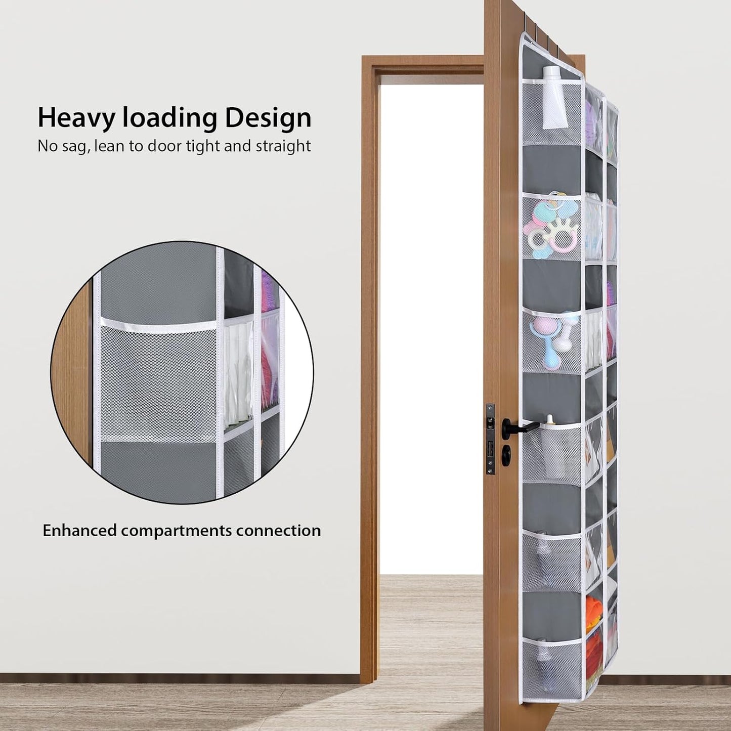 Univivi Over the Door Organizer 6 Tiers, Extra Large Door Hanging Organizer with Clear Deep Pockets Over the Door Storage for Closet, Bedroom, Nursery, Bathroom and Pantry (Grey)