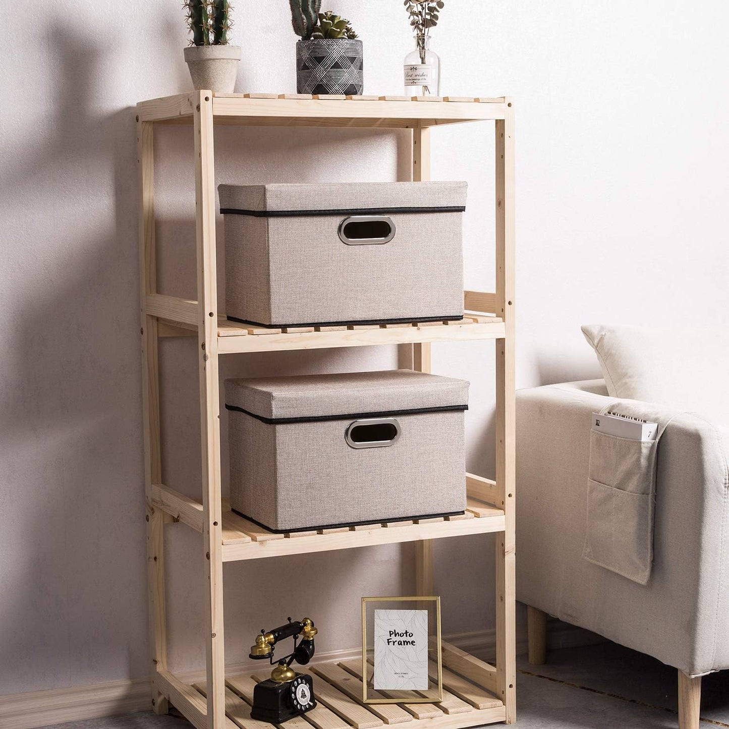 PRANDOM Foldable Storage Bin with Lid [1-Pack] Linen Fabric Decorative Storage Box Organizer Container Basket Cube with Handles Divider for Closet Office Living Room Light Grey(14.9x9.8x9.8)