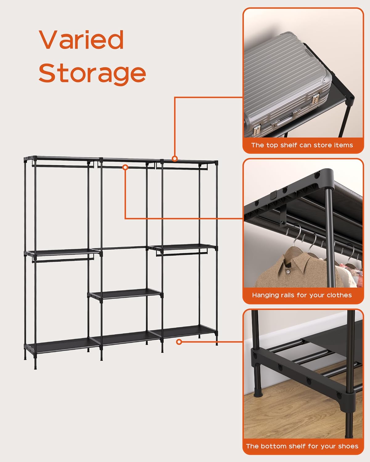 Clothes Rack, Portable Closet, 80.7 Inch Extra Large Capacity Wardrobe Closet, Clothes Storage Organizer with Shelves and 5 Hanging Rods, Easy to Assembly, Black PCT036B01