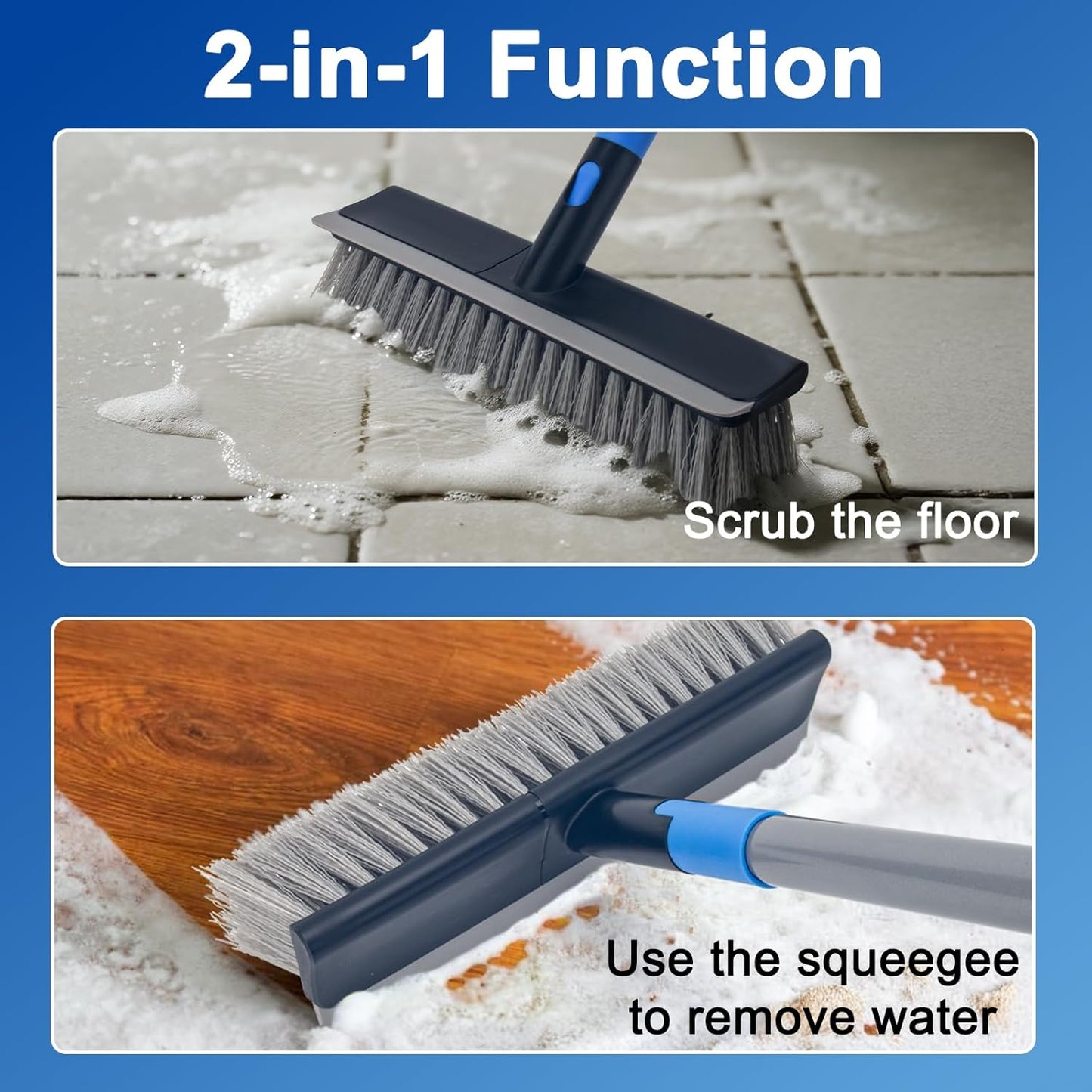 KeFanta Deck Brush with Long Handle, 2 in 1 Floor Scrub Brush for Cleaning, 56" Stiff Bristle Outdoor Scrubber Brush for Patio Concrete Boat Garage Bathroom Kitchen Wall Shower