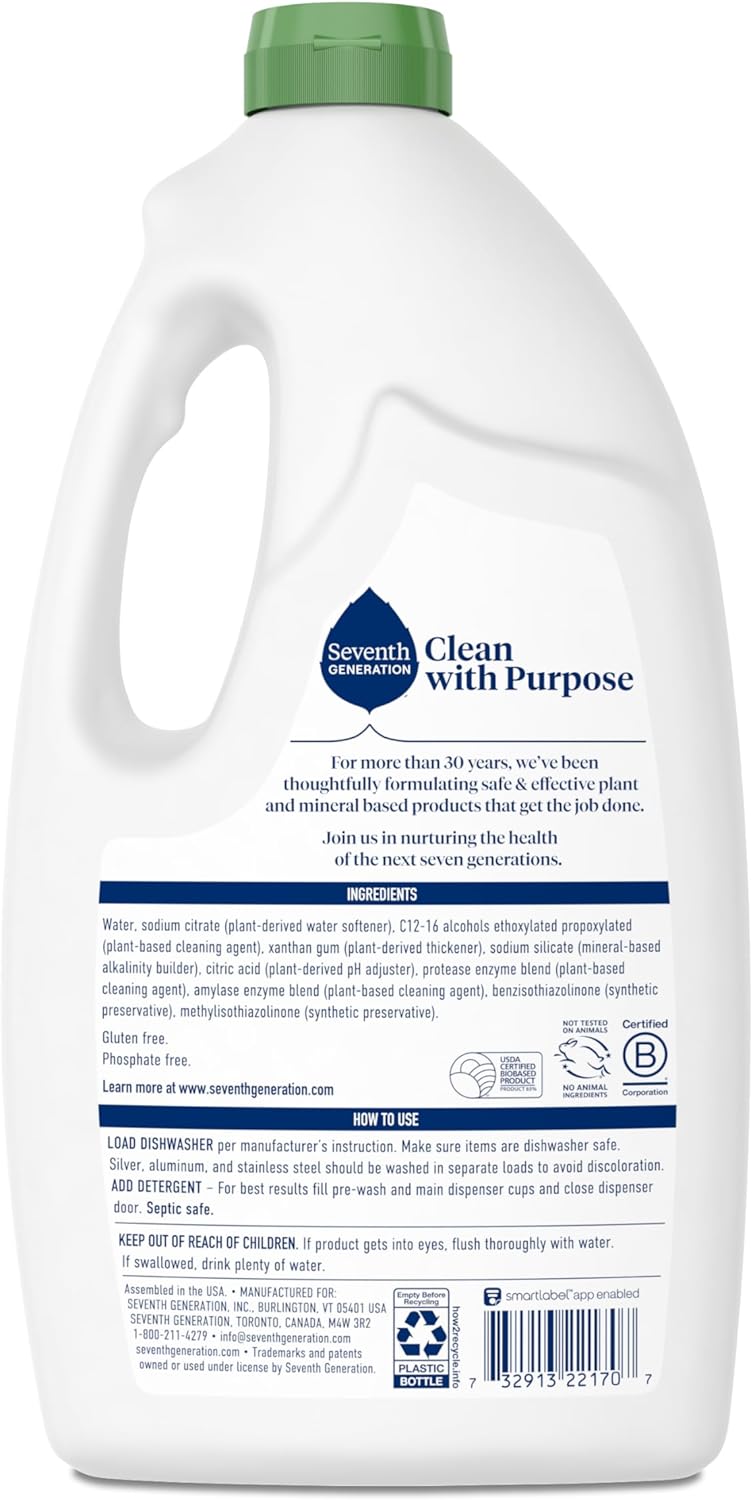 Seventh Generation Dishwasher Detergent Gel for Sparkling Dishes Free & Clear Fragrance Free 42 oz, Pack of 6