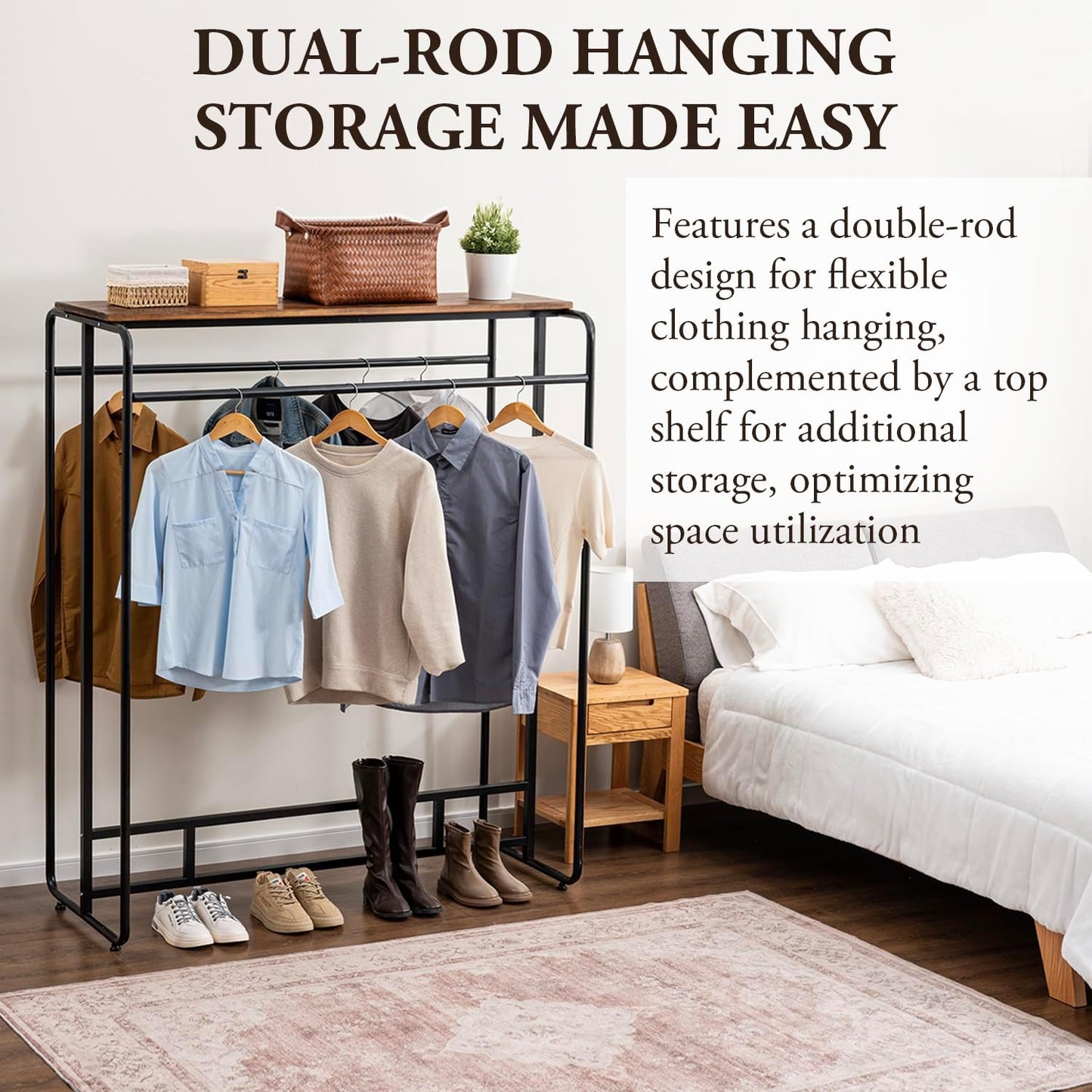 MyGift Dual Clothing Rack, Commercial Urban Black Metal Freestanding Large Garment Rack with Burnt Solid Wood Top Storage Shelf, Heavy Duty Double Rod Clothes Rack