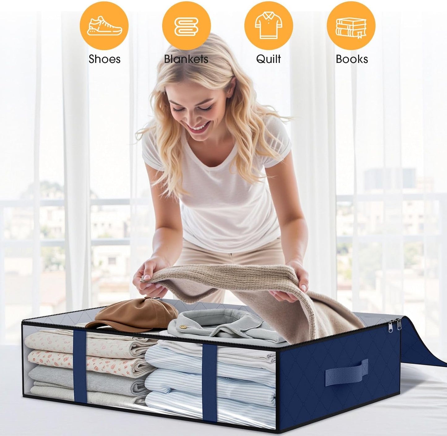 StorageRight Under Bed Storage Bins, 8-Pack 40L Foldable Fabric Storage Bags with Transparent Window, Breathable Organizer for Clothes/Blanket/Comforter/Quilt, Blue