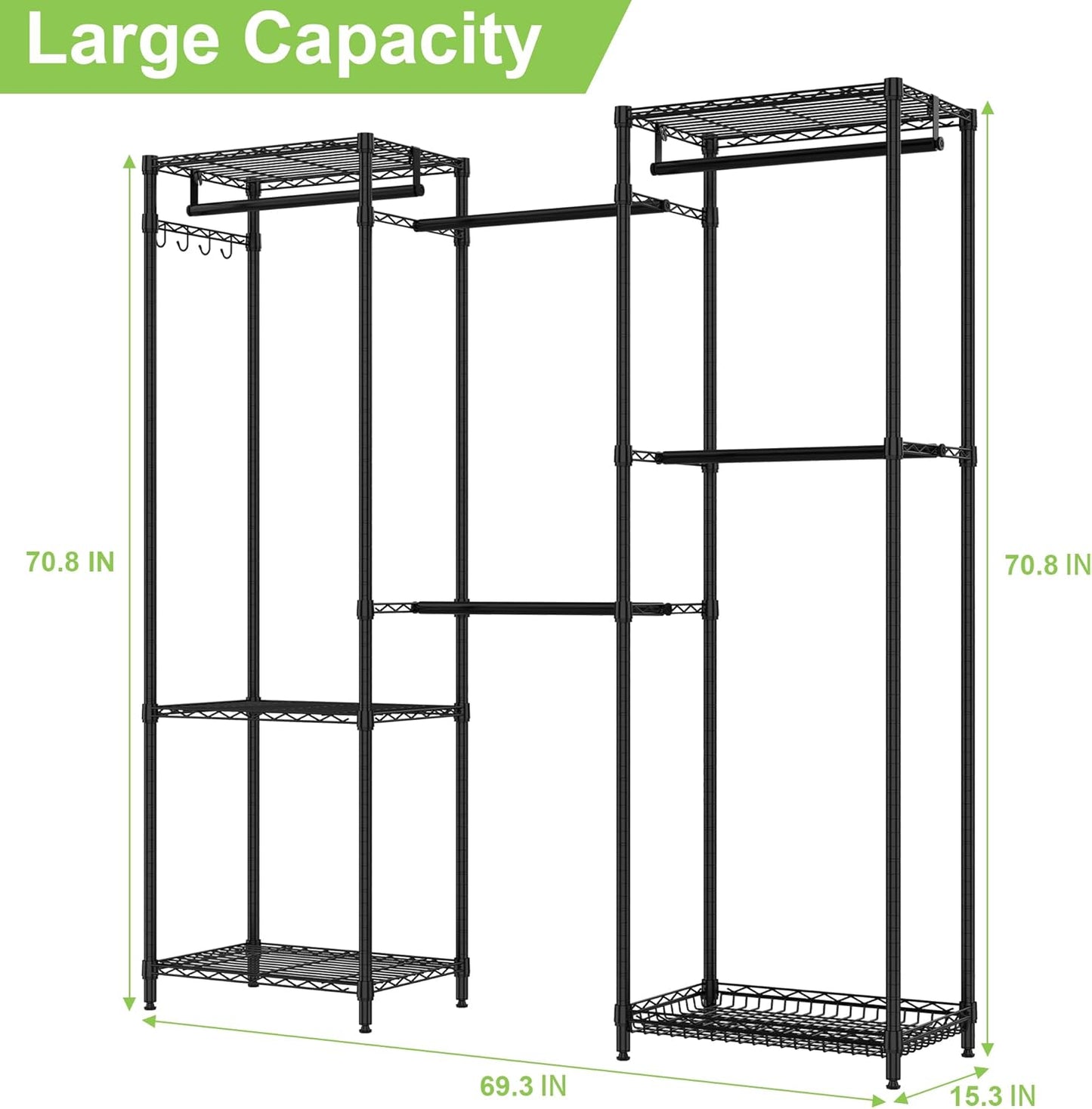 Heavy Duty Clothes Rack, Freestanding Garment Rack System Closet Organizer for Hanging Clothes, Metal Wire Clothing Rack with 5 Shelves & 5 Rods,Adjustable Wardrobe Shelf,Black