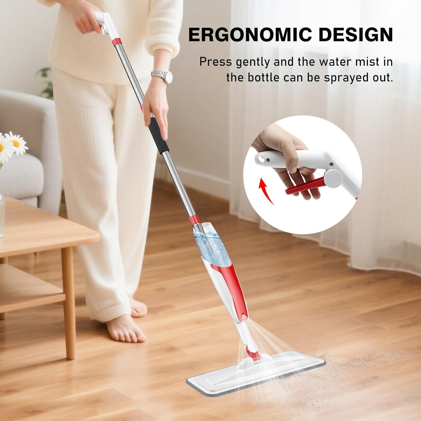 nacena Spray Mop for Floor Cleaning, Dust Mop with 420 ml Refillable Bottle and 3 Pcs Washable Pads Dry Wet Floor Mop for Household or Commercial Use for Hardwood Laminate Tile Ceramic, Red&White