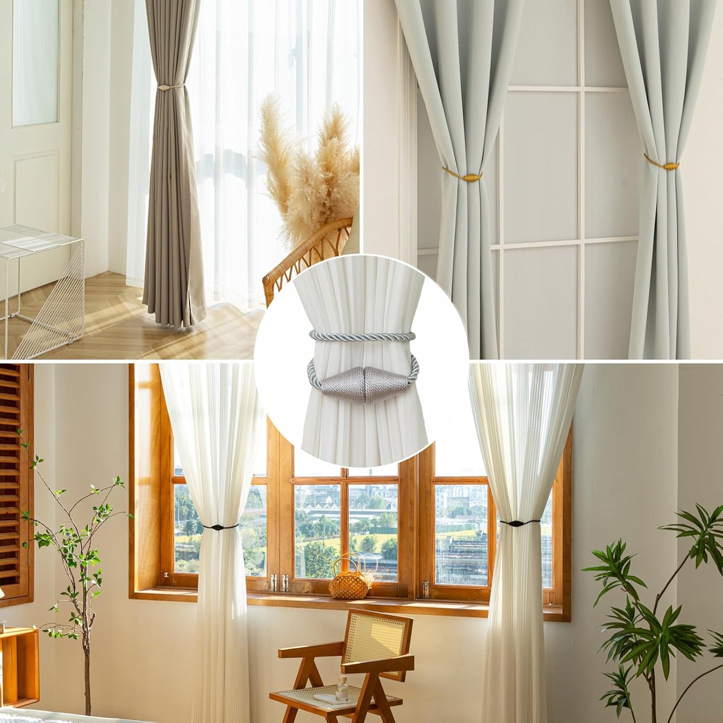 Magnetic Curtain Tiebacks 2 Pack Outdoor Rope Curtain Tie Backs Decorative Window Treatment Holdbacks for Home Decorative Curtain, Grey