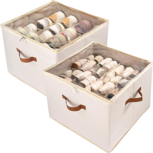 Shoe Organizer Box 2 Pack, Shoe Storage Organizer with Clear Cover, Adjustable Dividers Fits 16-32 Pairs, Fabric Shoe Organizer for Closet, Beige