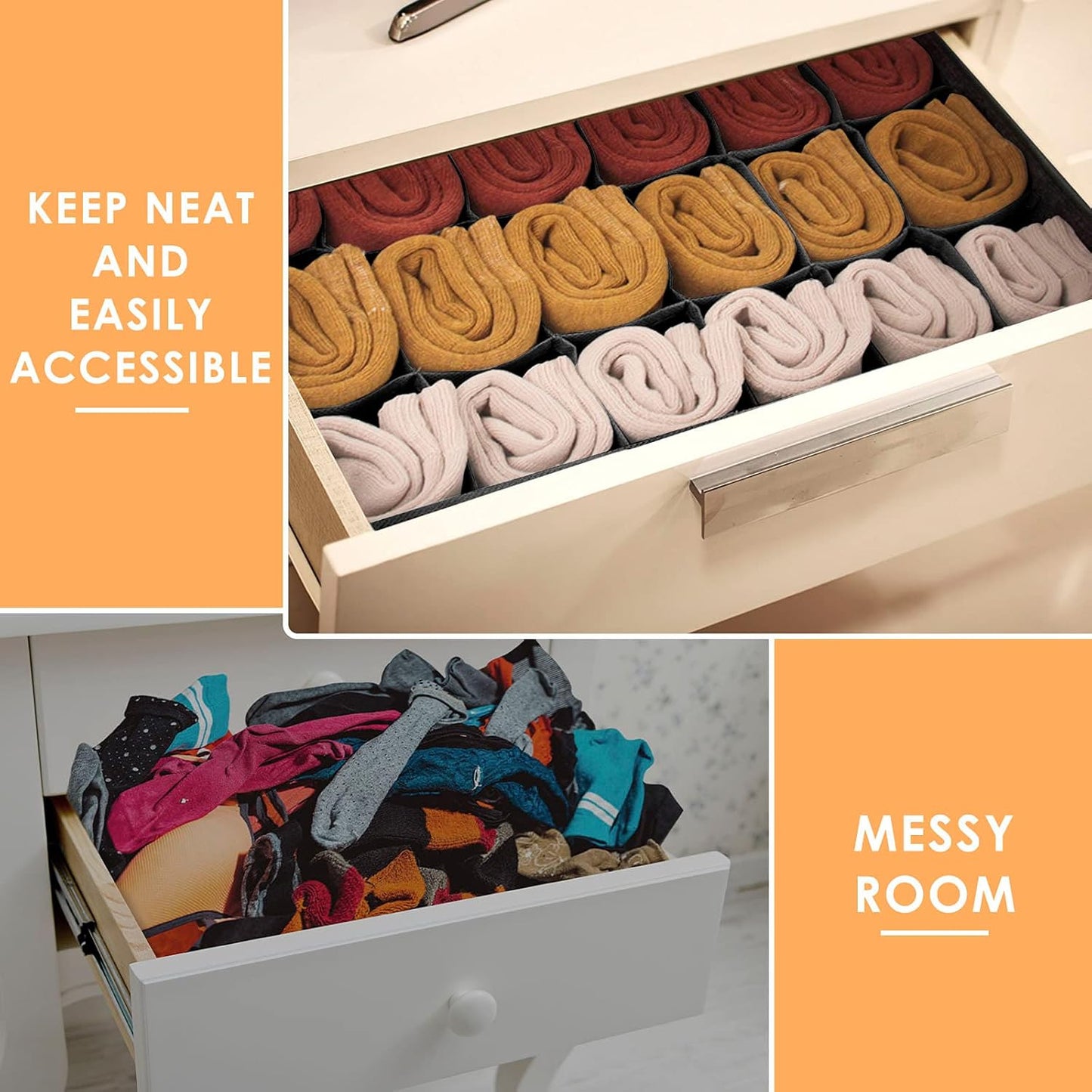 Criusia 3 Pack Sock Underwear Organizer Dividers, 64 Cell Fabric Foldable Cabinet Closet Organizers and Storage Boxes for Storing Socks, Underwear, Ties (16+24+24 Cell, Black)