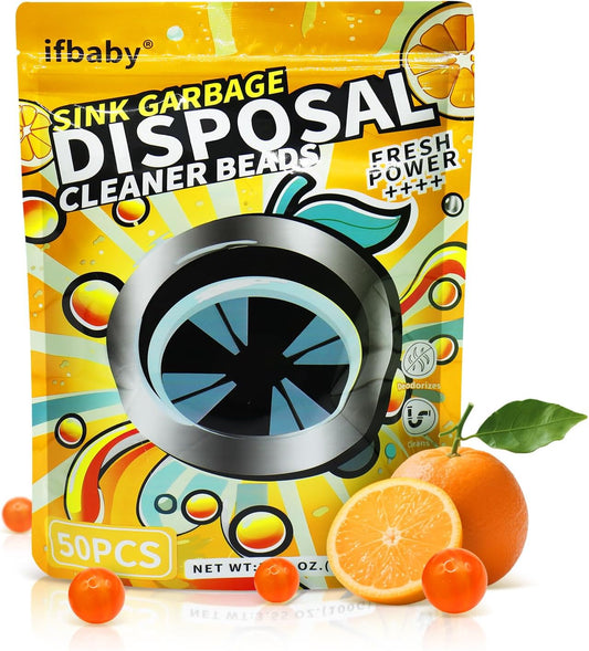 50 Count Garbage Disposal Cleaner and Deodorizer – Sink Odor Eliminator, New Powerful XL Sink Drain Freshener Pods | Dissolves Grease, Eliminates Odors, Orange Zest Scent (Orange)