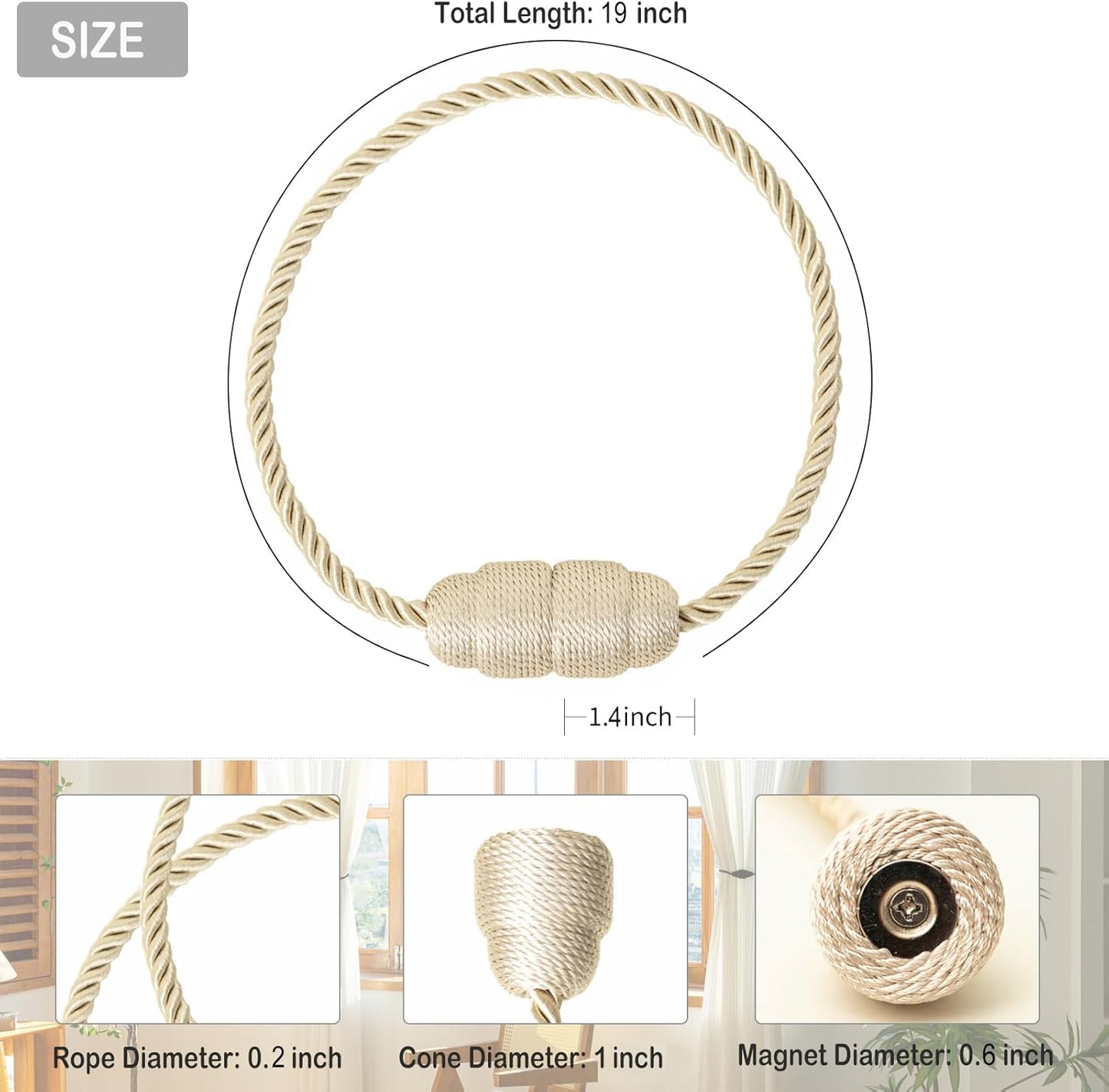 Magnetic Curtain Tiebacks Rope Curtain Tie Backs for Curtains 8 Pack Curtain Holders for Drapes Decorative Window Curtain Holdbacks, Beige