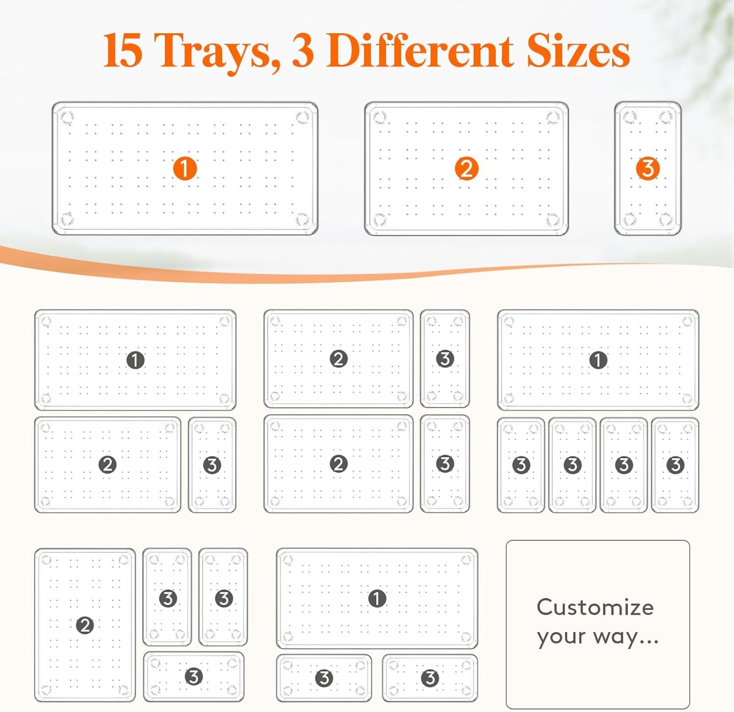 Lifewit 15 Pcs Large Bathroom Drawer Organizers, 3 Sizes Clear Plastic Storage Organizer Trays for Make Up, Kitchen Utensils, Vanity Accessories in Bathroom/Office/Dresser Organization