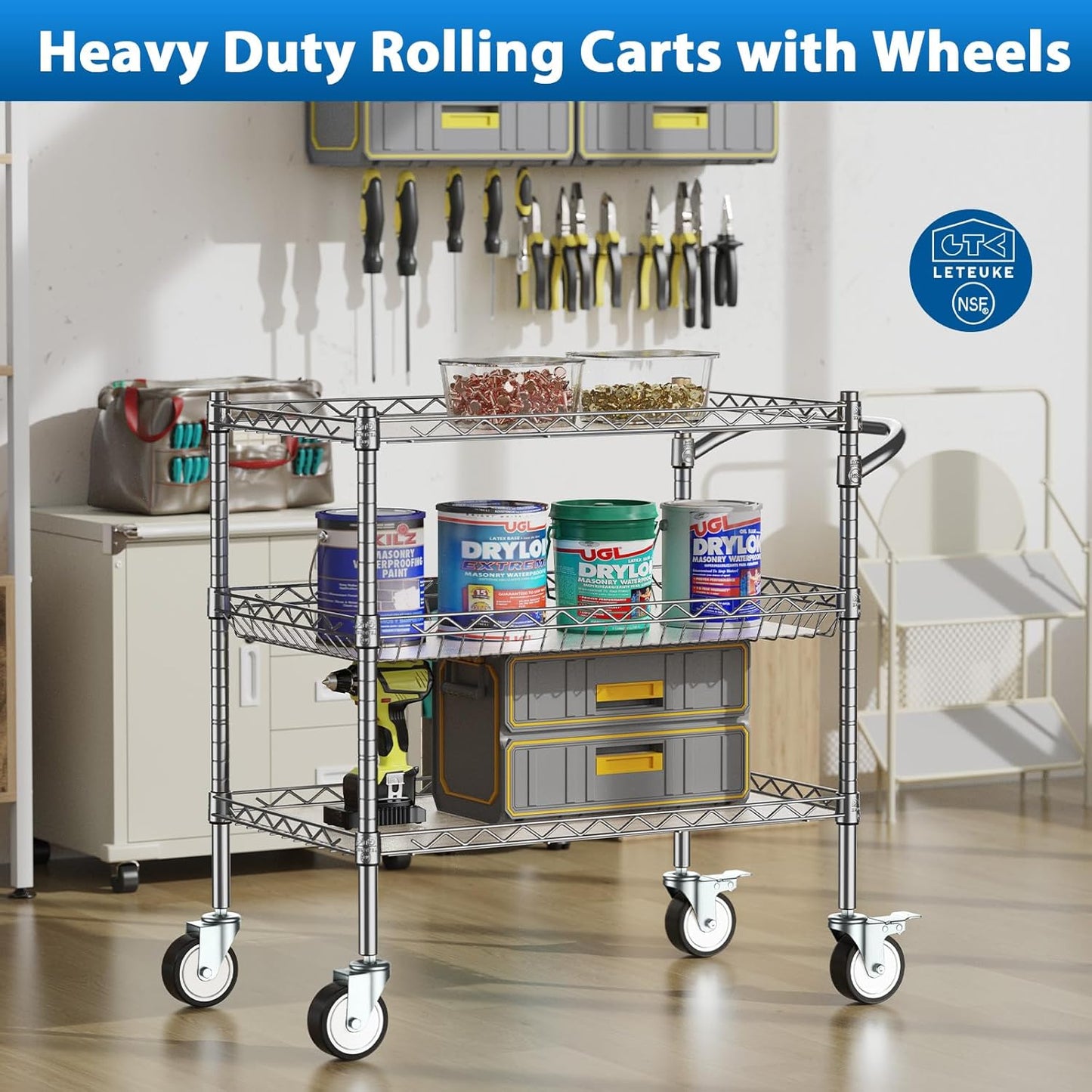 Leteuke Heavy Duty 3 Tier Rolling Utility Cart,NSF Certified 990Lbs Capacity Rolling Carts with Wheels,Commercial Grade Metal Cart with Handle Bar & Shelf Liner,Trolley Serving Cart for Kitchen,Chrome