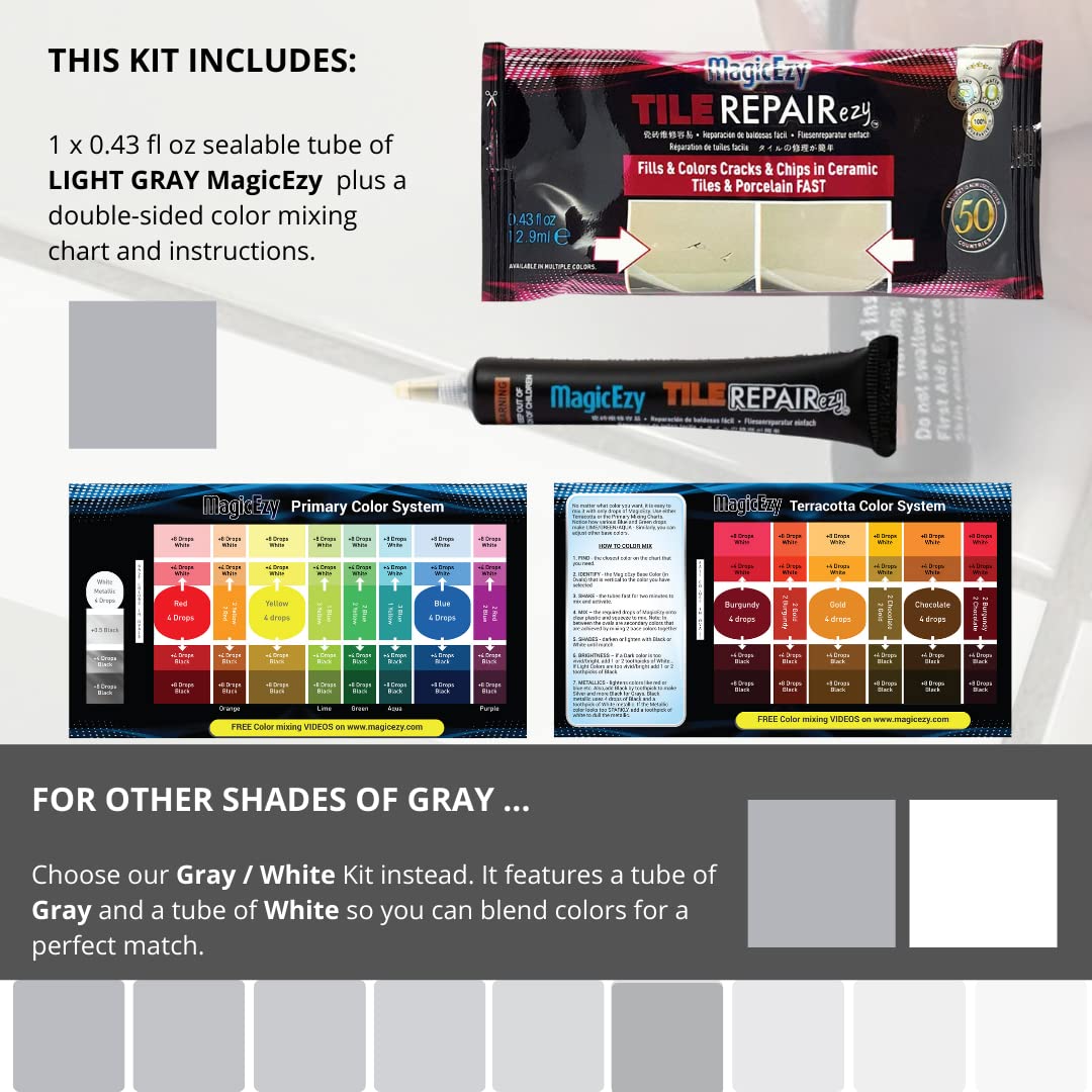 MagicEzy Tile RepairEzy - (Light Gray) Touch Up Paint Filler for Bathroom Tiles, Appliance, Furniture, Walls, Counter Tops - Glossy Finish