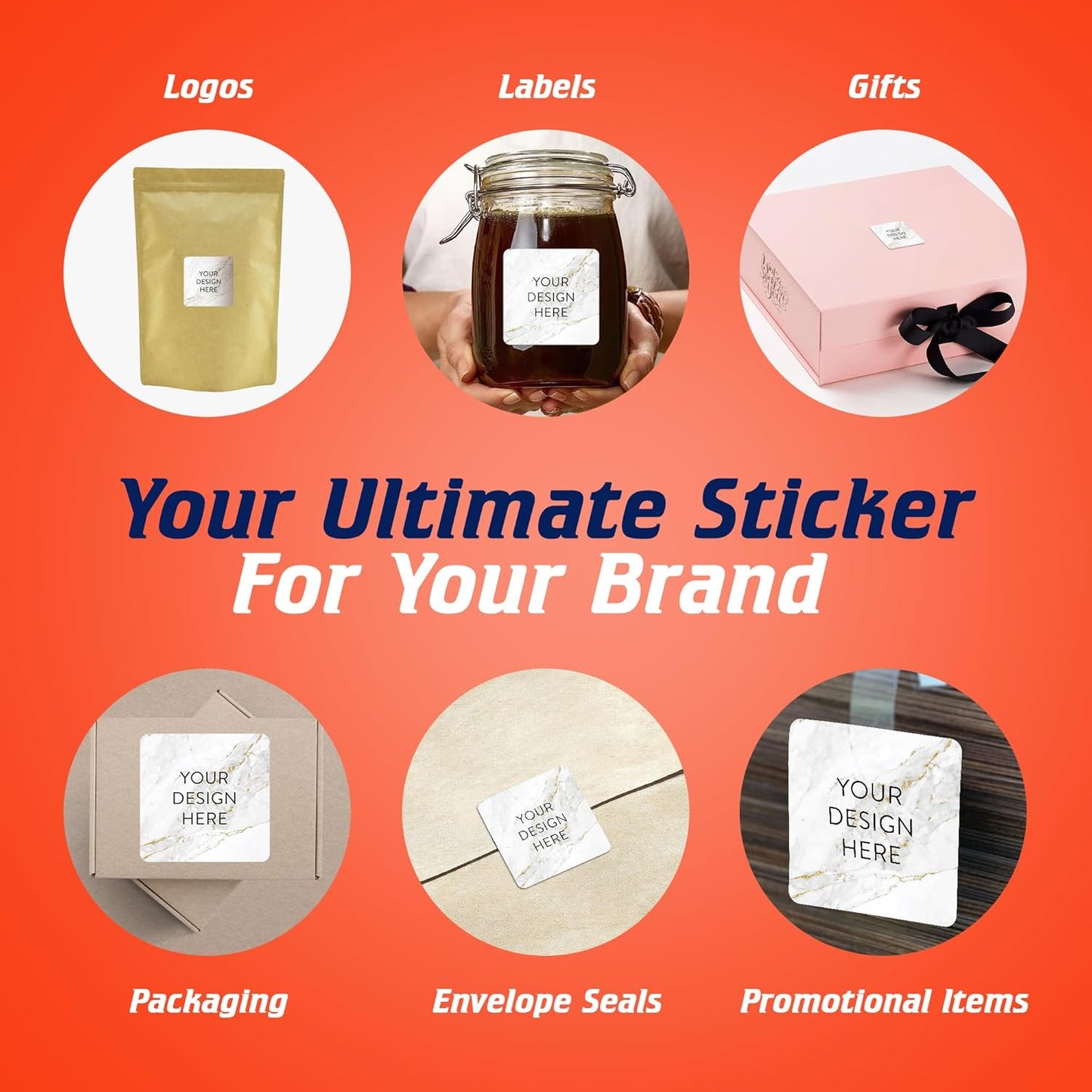100 Custom Vinyl Stickers - Upload Your own Image, Text, Design, Logo - Personalized Logo Labels for Handmade, Packaging, Bottle, Jars, Candle, Brand Stickers (Gold Marble, 2x2 Square)