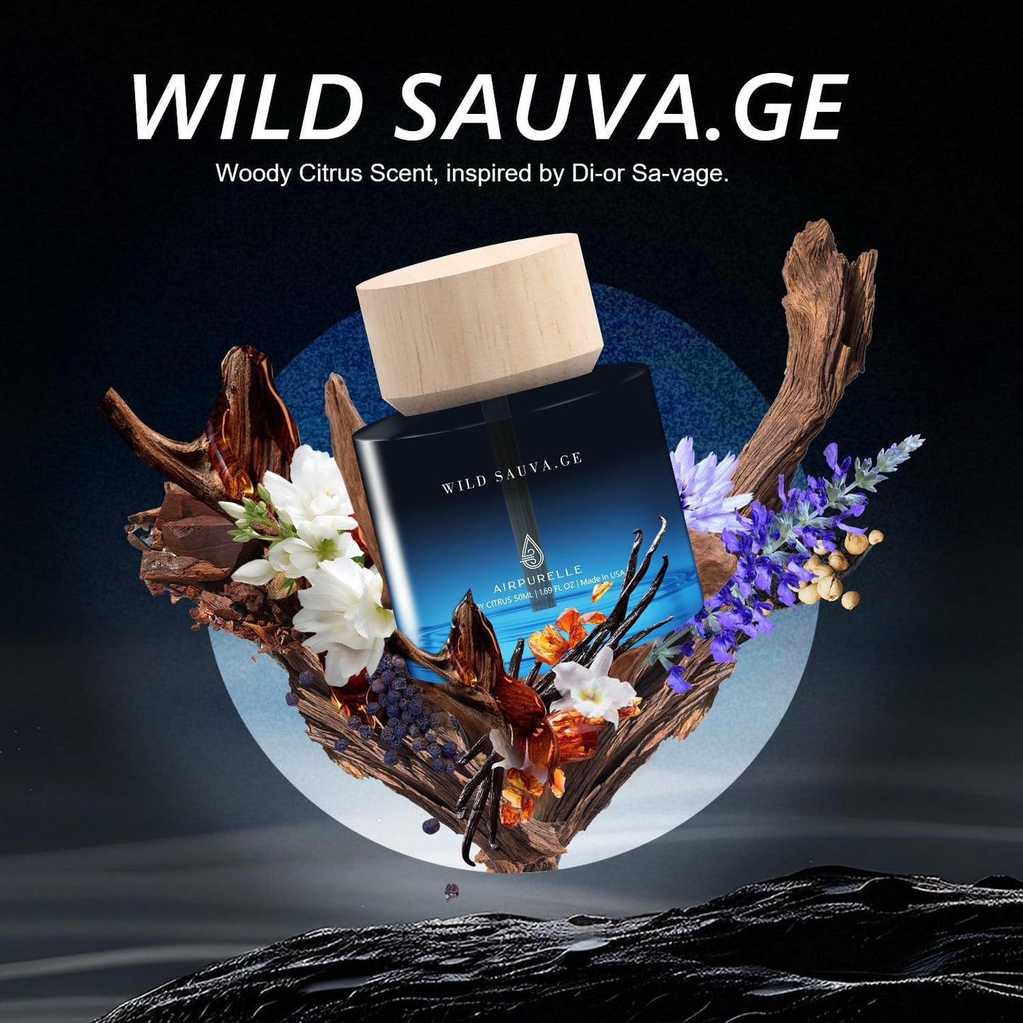 Car Air Freshener for Men & Women – Long-Lasting Woody Citrus Essential Oil Diffuser for Car Cup Holder – 50ML (1.7 FL OZ) Car Scent Diffuser, Inspired by Perfume – Made in USA