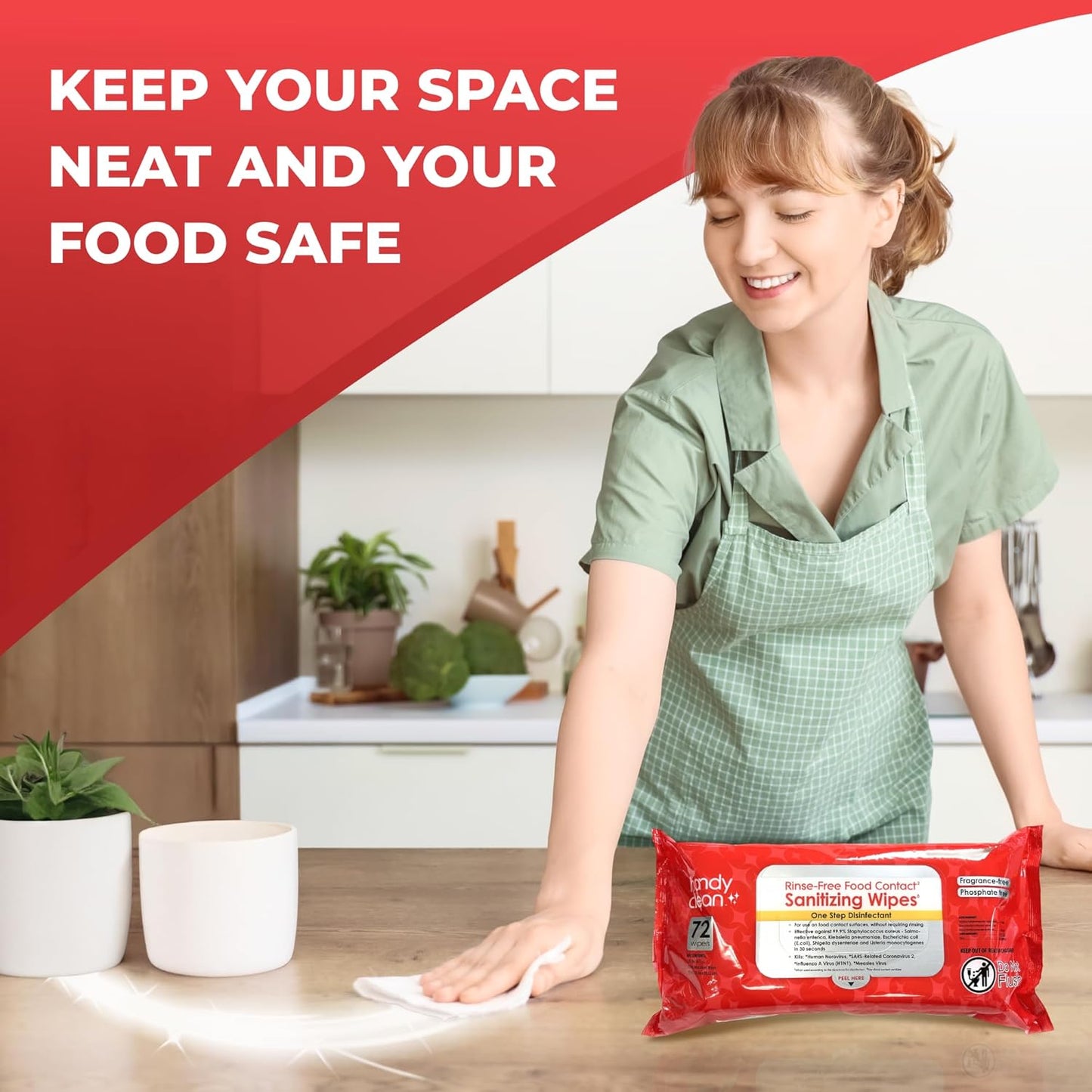 HandyClean Rinse-Free Food Contact Sanitizing Wipes Pouch, Multi Surface Cleaning Supplies for Kitchen and Professional Setting - 12 pack, 864 count