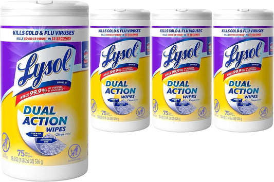 Lysol Dual Action Disinfectant Wipes, Multi-Surface Antibacterial Scrubbing Wipes, Dorm Room Essentials, Citrus Scent, 75ct (Pack of 4), Packaging May Vary